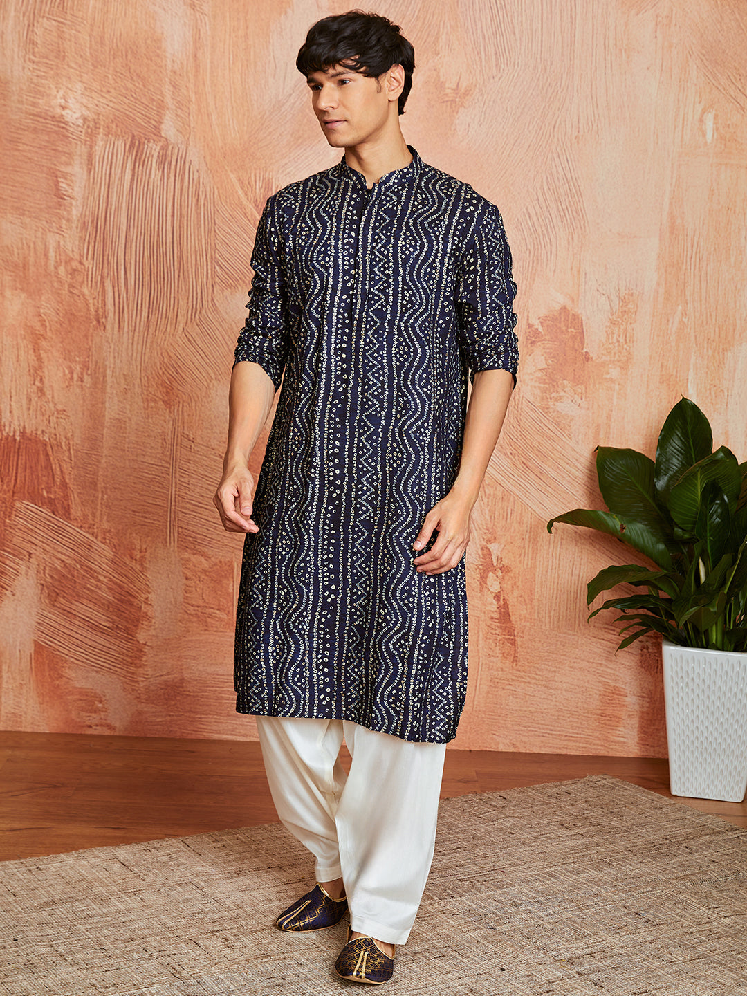 Men's Navy Blue Bandhni Rayon Kurta & Patiyala Set