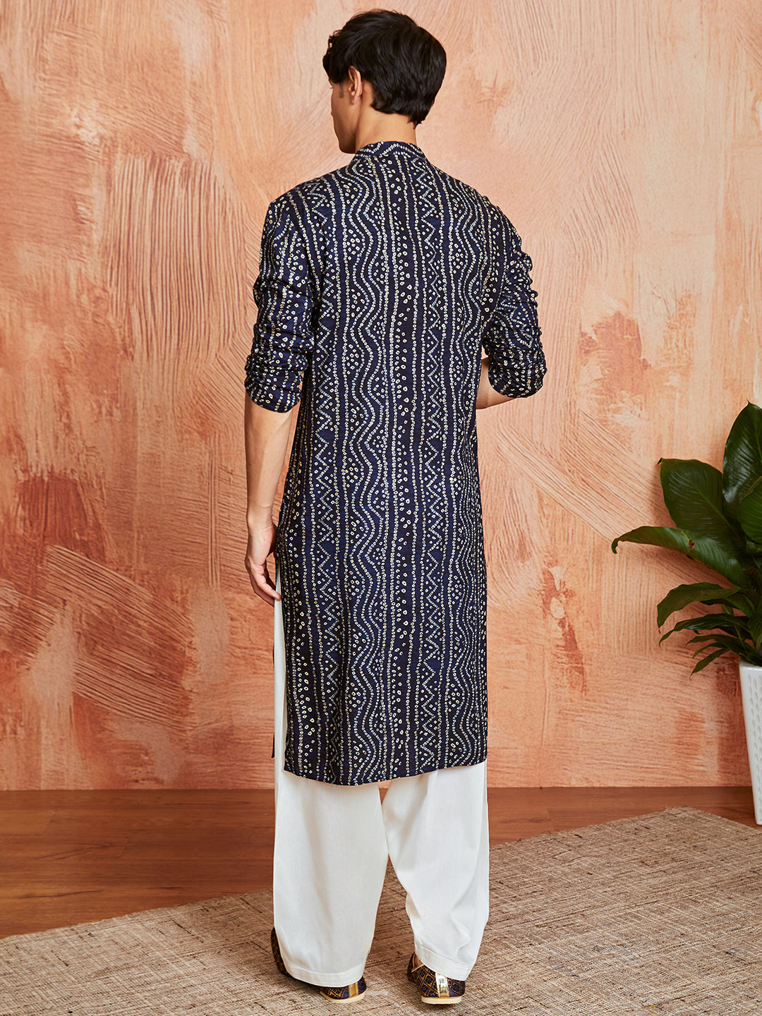 Men's Navy Blue Bandhni Rayon Kurta & Patiyala Set