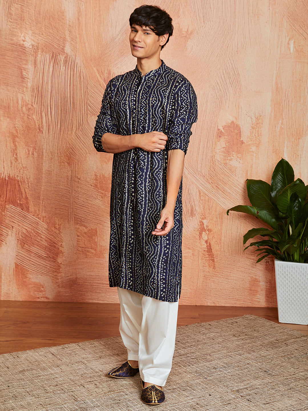 Men's Navy Blue Bandhni Rayon Kurta & Patiyala Set