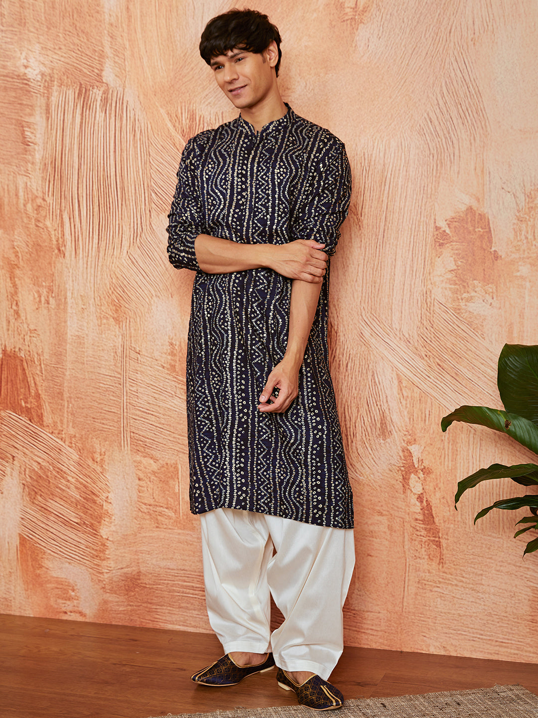 Men's Navy Blue Bandhni Rayon Kurta & Patiyala Set