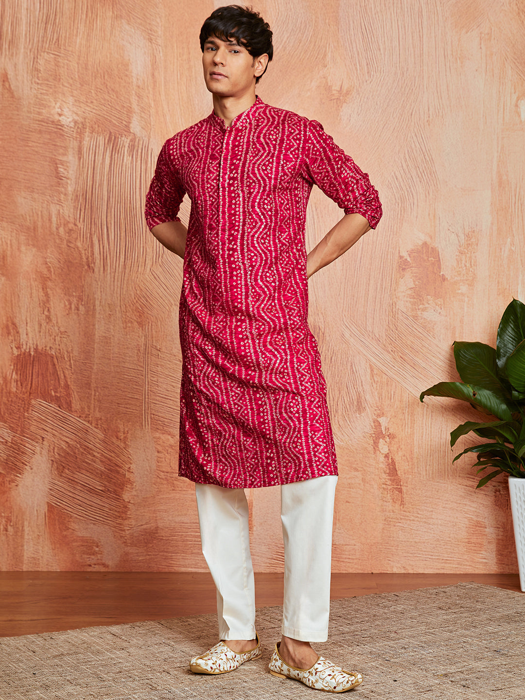 Men's Pink Bandhni Rayon Kurta