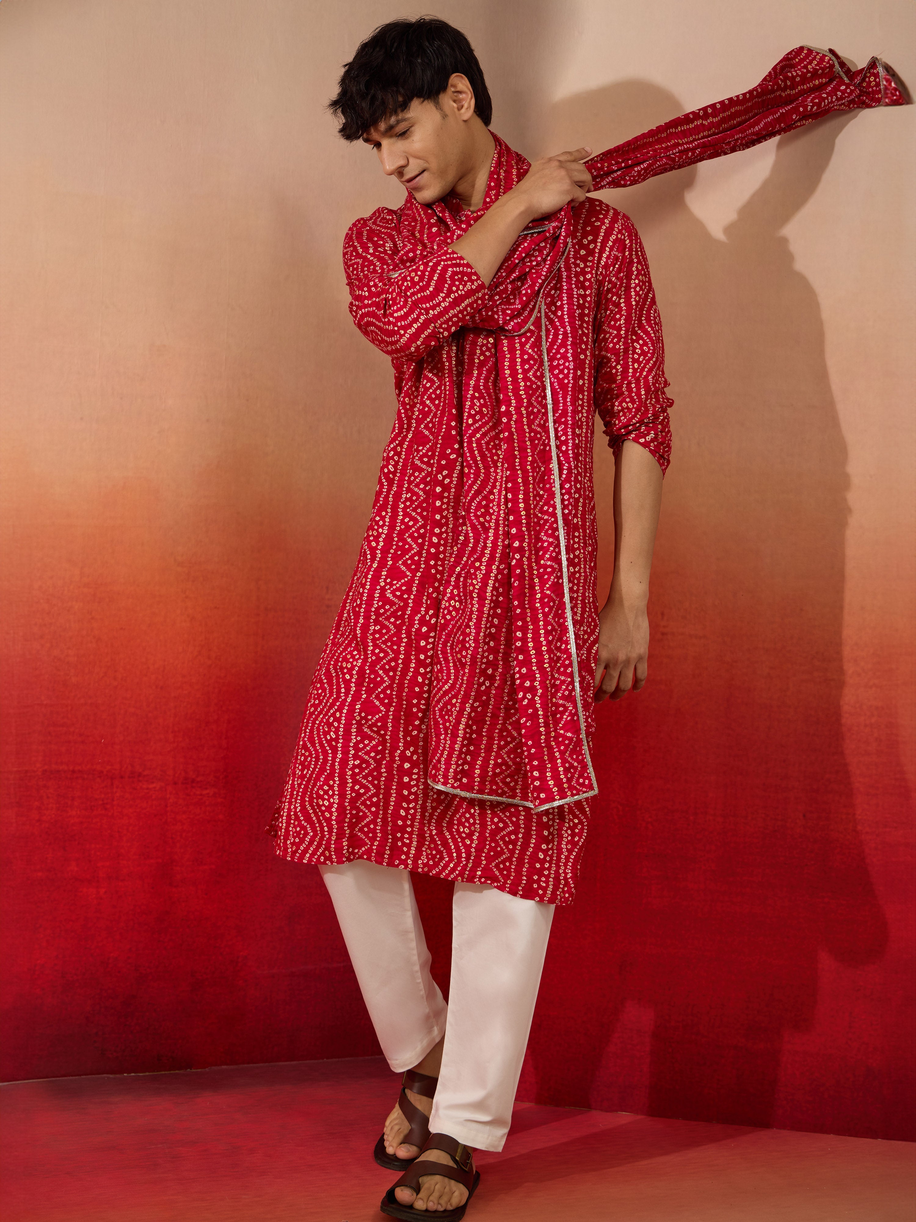 Men's Falsa Bandhni Kurta Set with Cream Pant & Dupatta