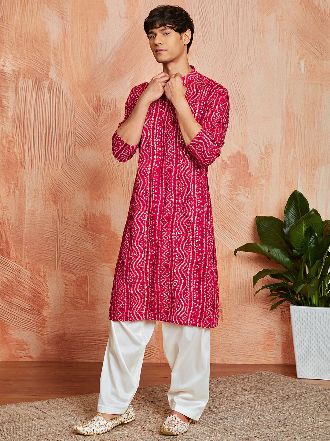 Men's Pink Bandhni Rayon Kurta & Patiyala Set
