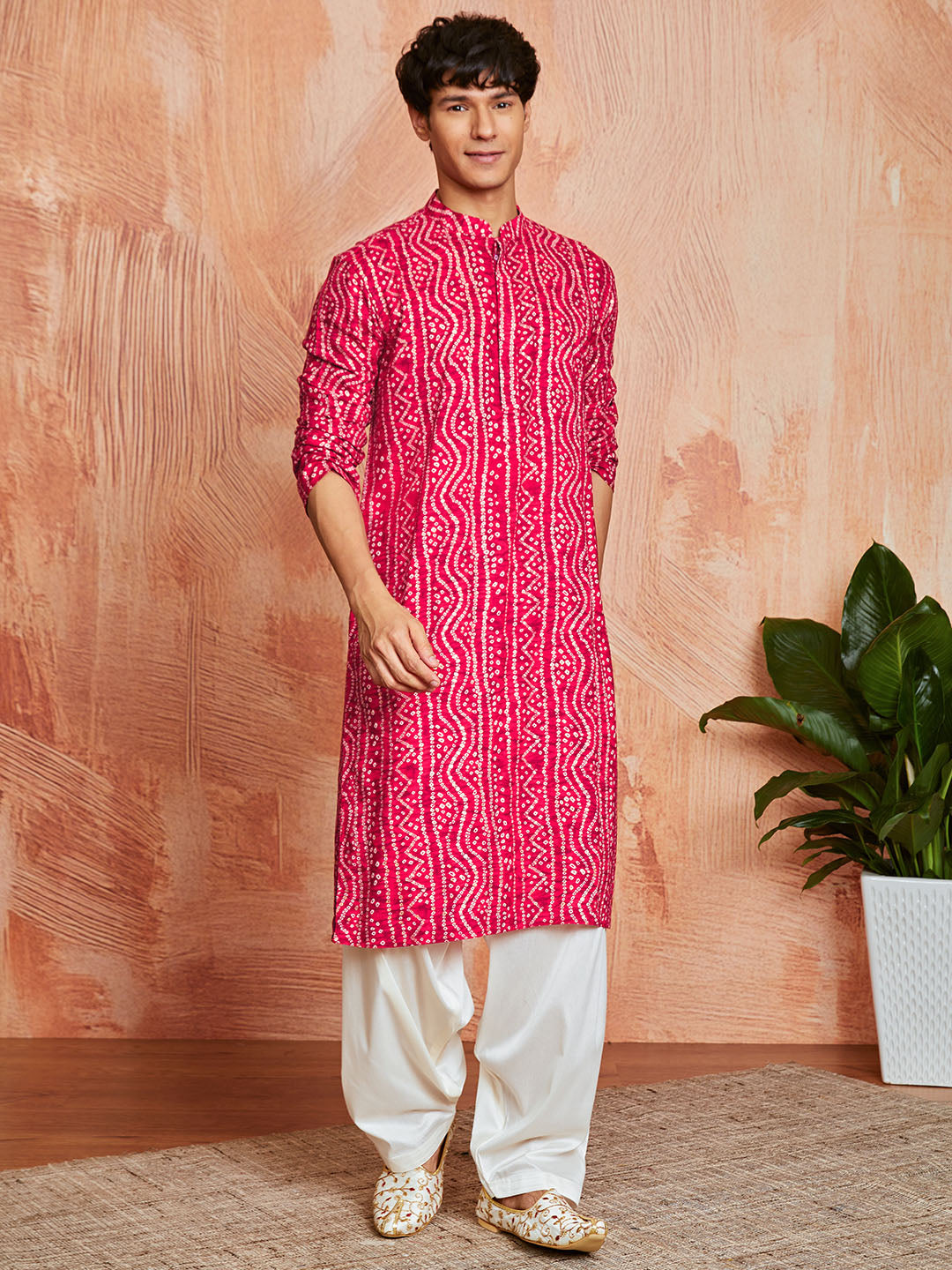 Men's Pink Bandhni Rayon Kurta & Patiyala Set