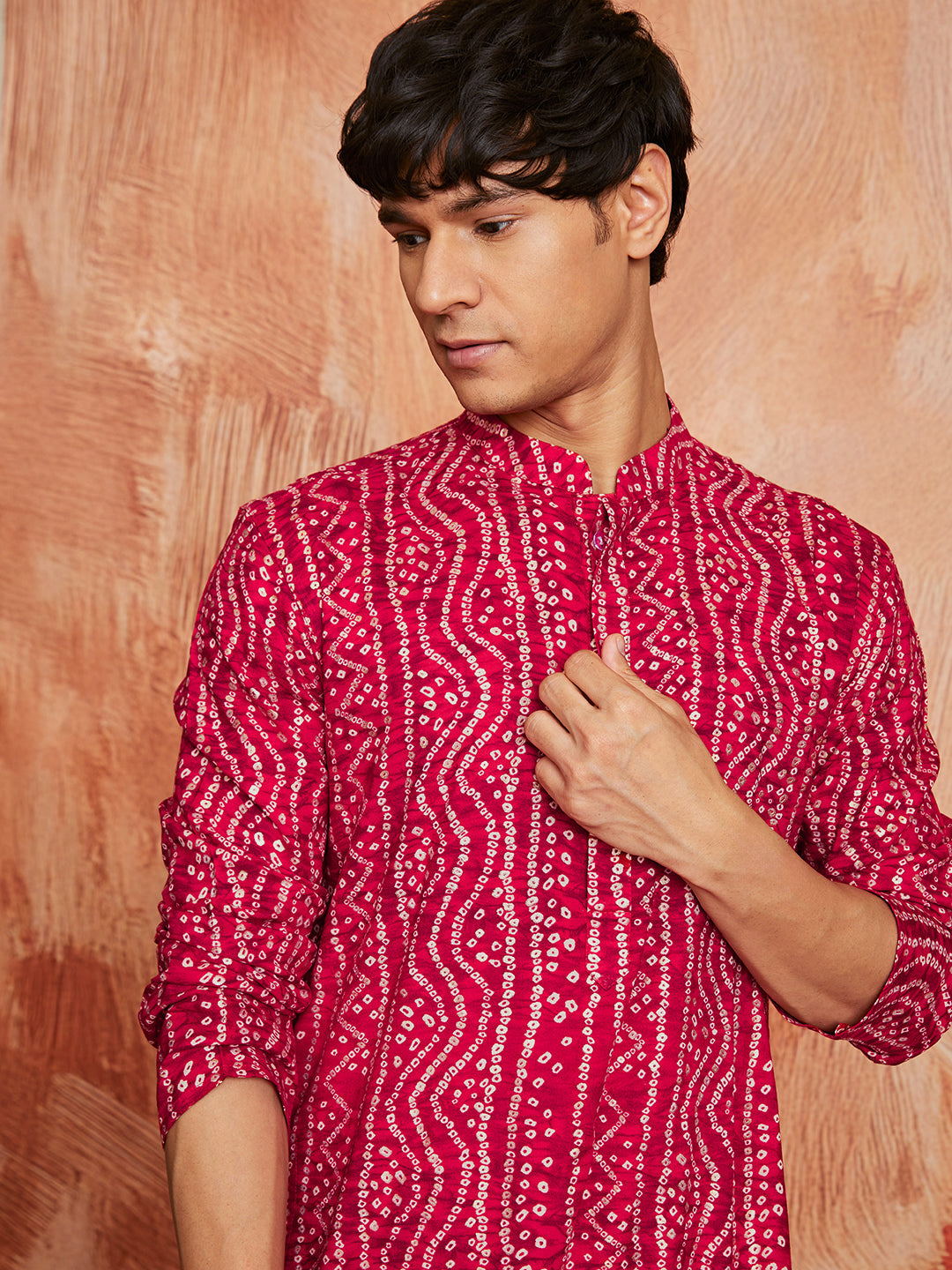 Men's Pink Bandhni Rayon Kurta & Patiyala Set