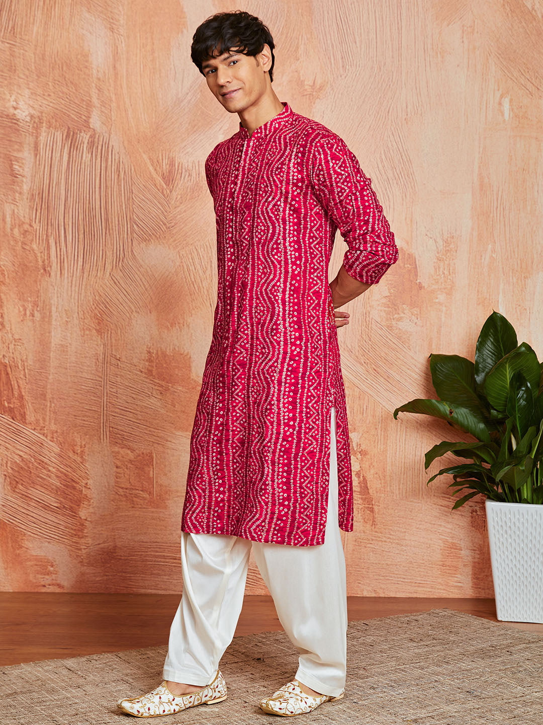Men's Pink Bandhni Rayon Kurta & Patiyala Set