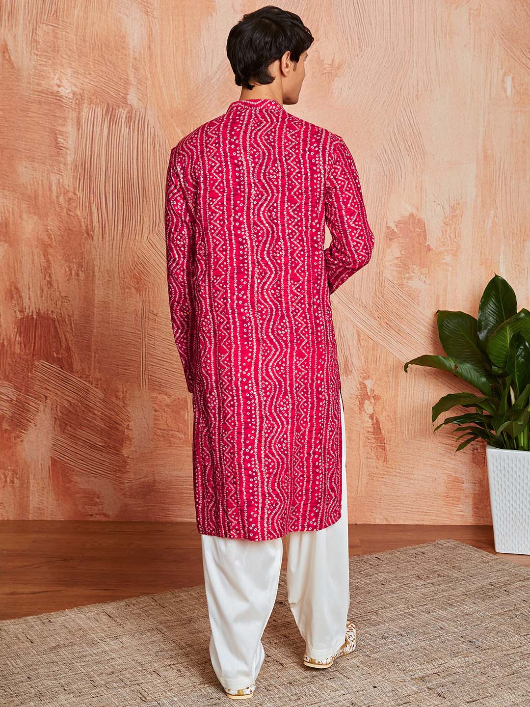 Men's Pink Bandhni Rayon Kurta & Patiyala Set