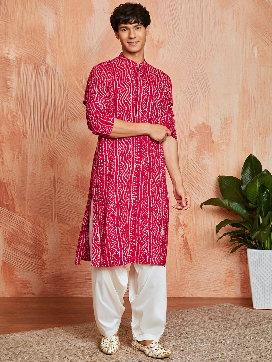 Men's Pink Bandhni Rayon Kurta & Patiyala Set