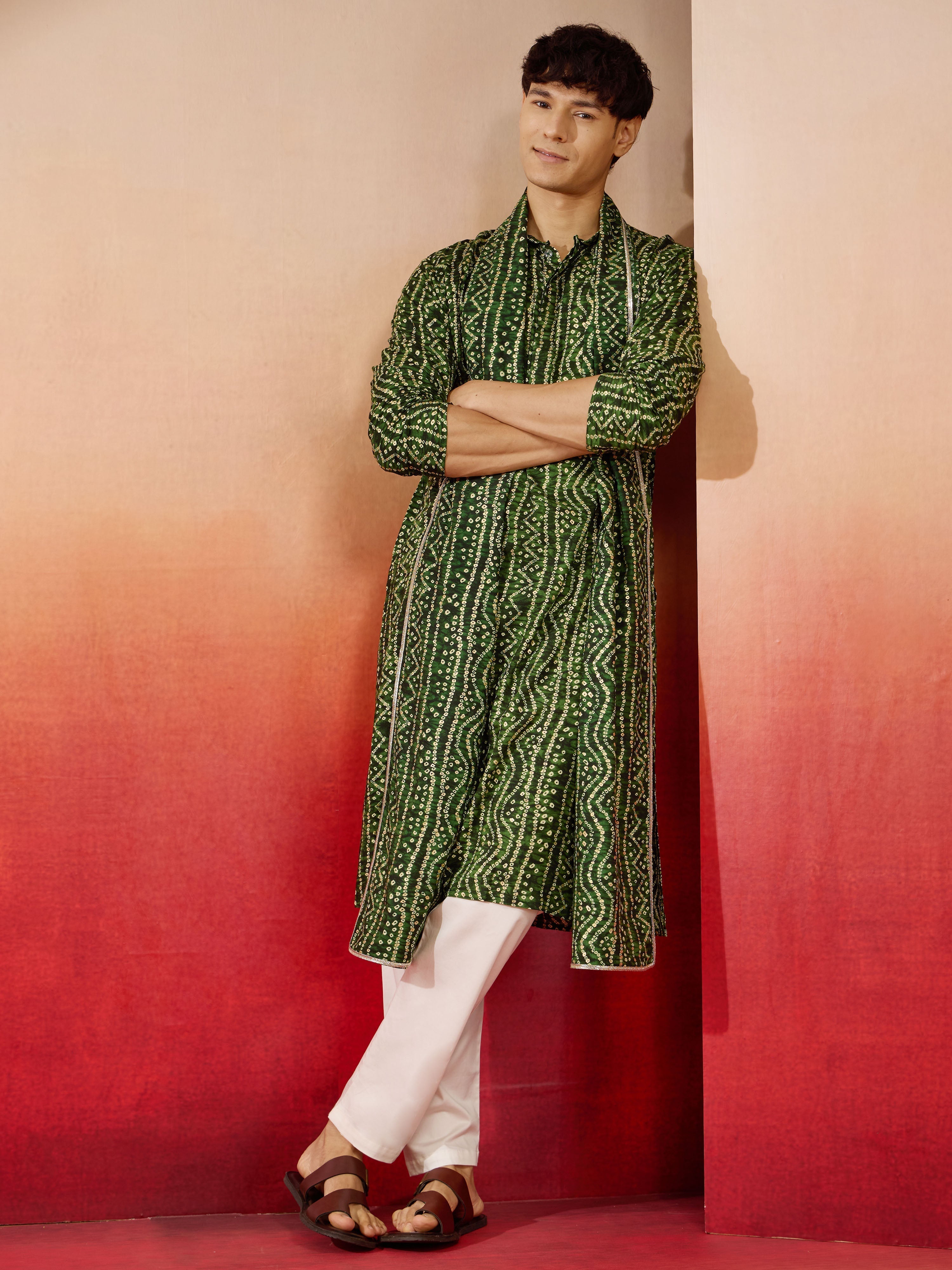 Mens Green Bandhani Kurta Set with Cream Pant and Dupatta