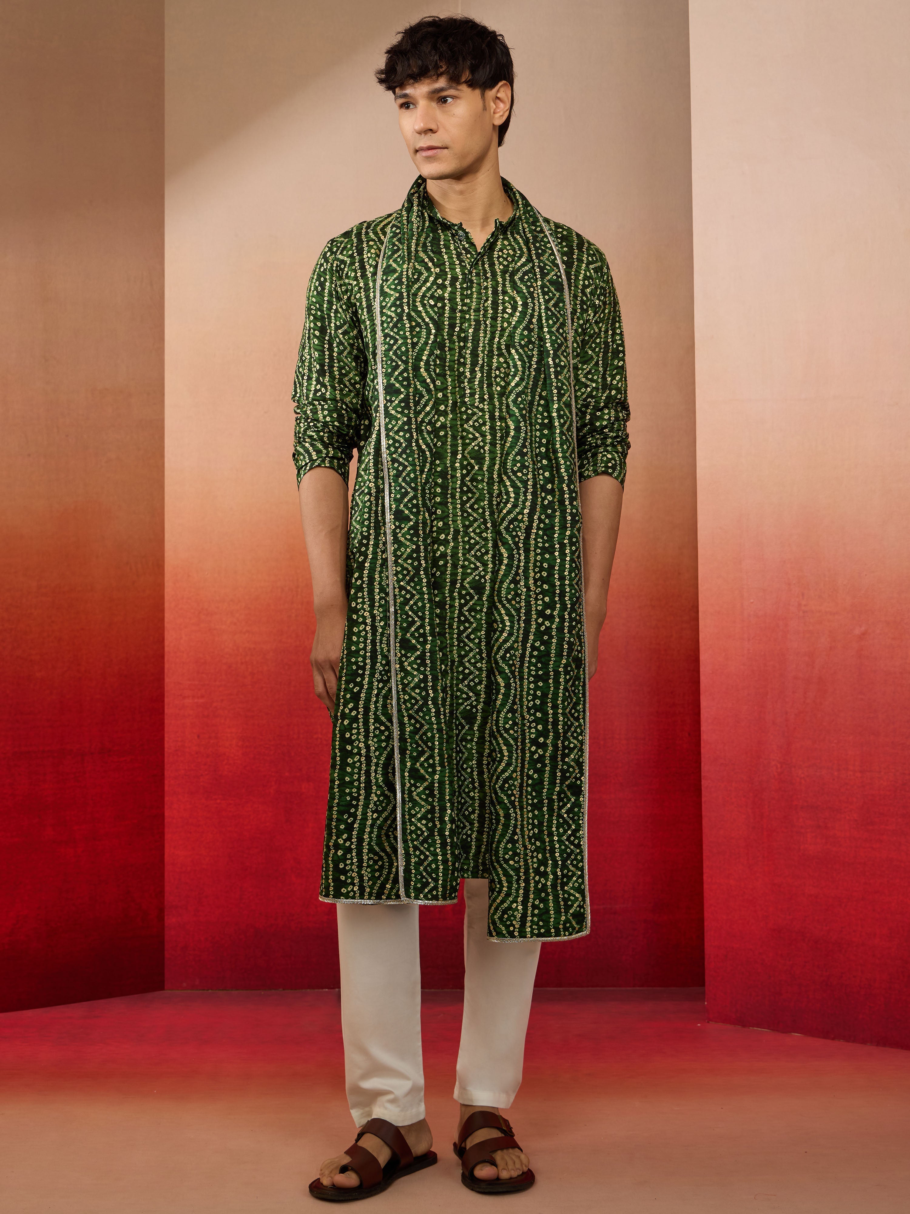 Men's Green Bandhni Foil Print Rayon Kurta with Cream Pyjama