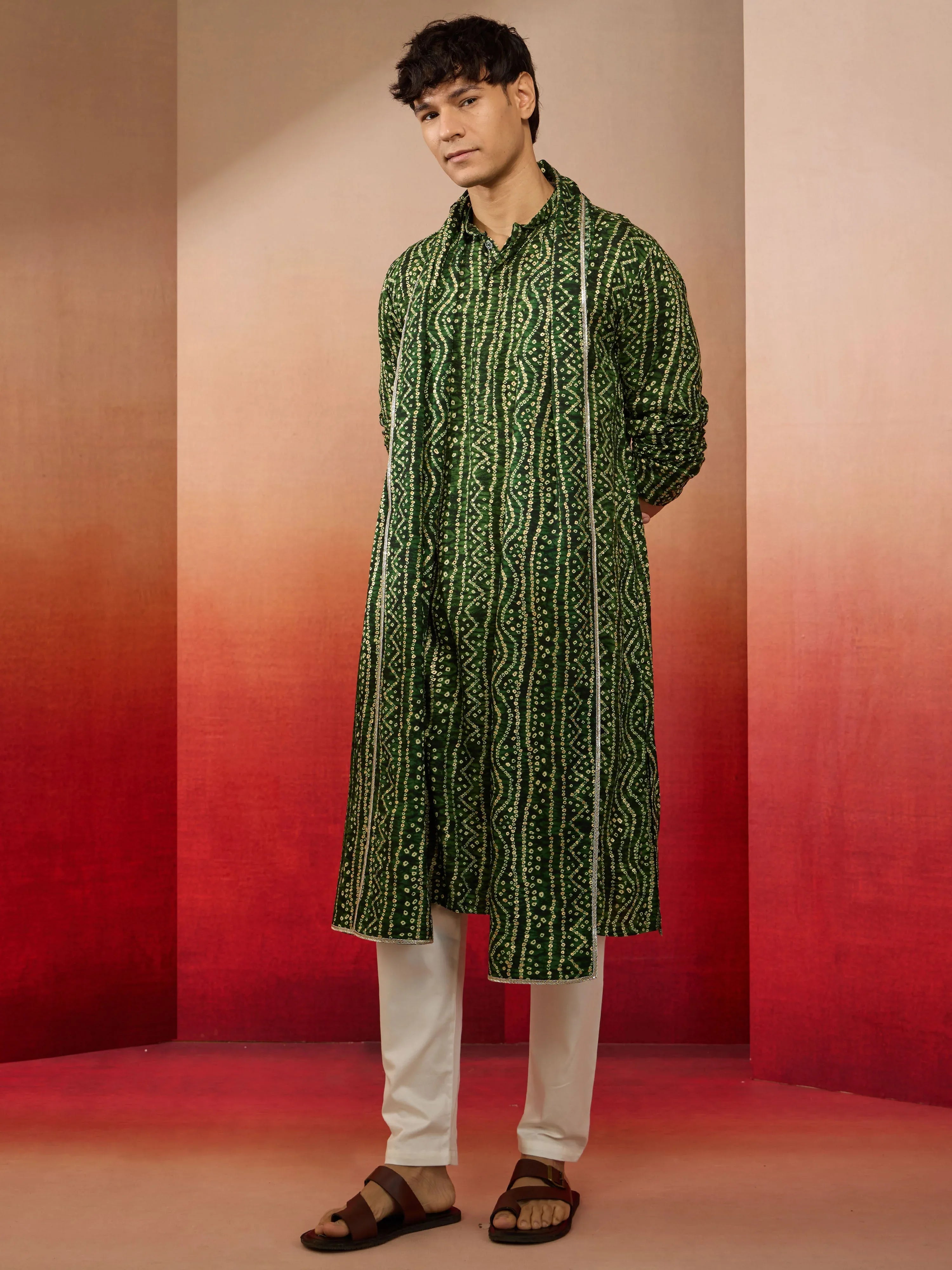 Mens Green Bandhani Kurta Set with Cream Pant and Dupatta
