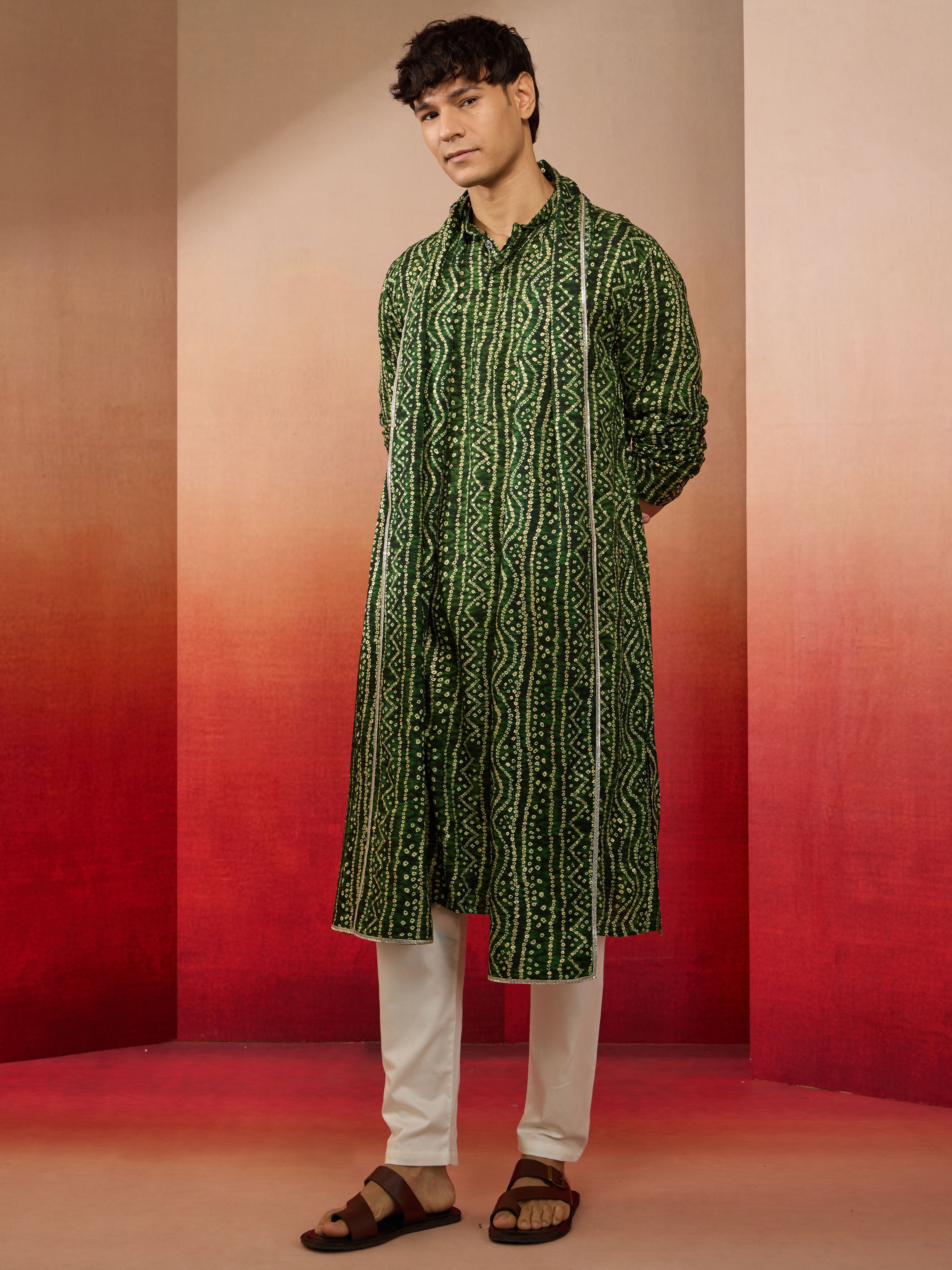 Men's Green Bandhni Foil Print Rayon Kurta with Cream Pyjama