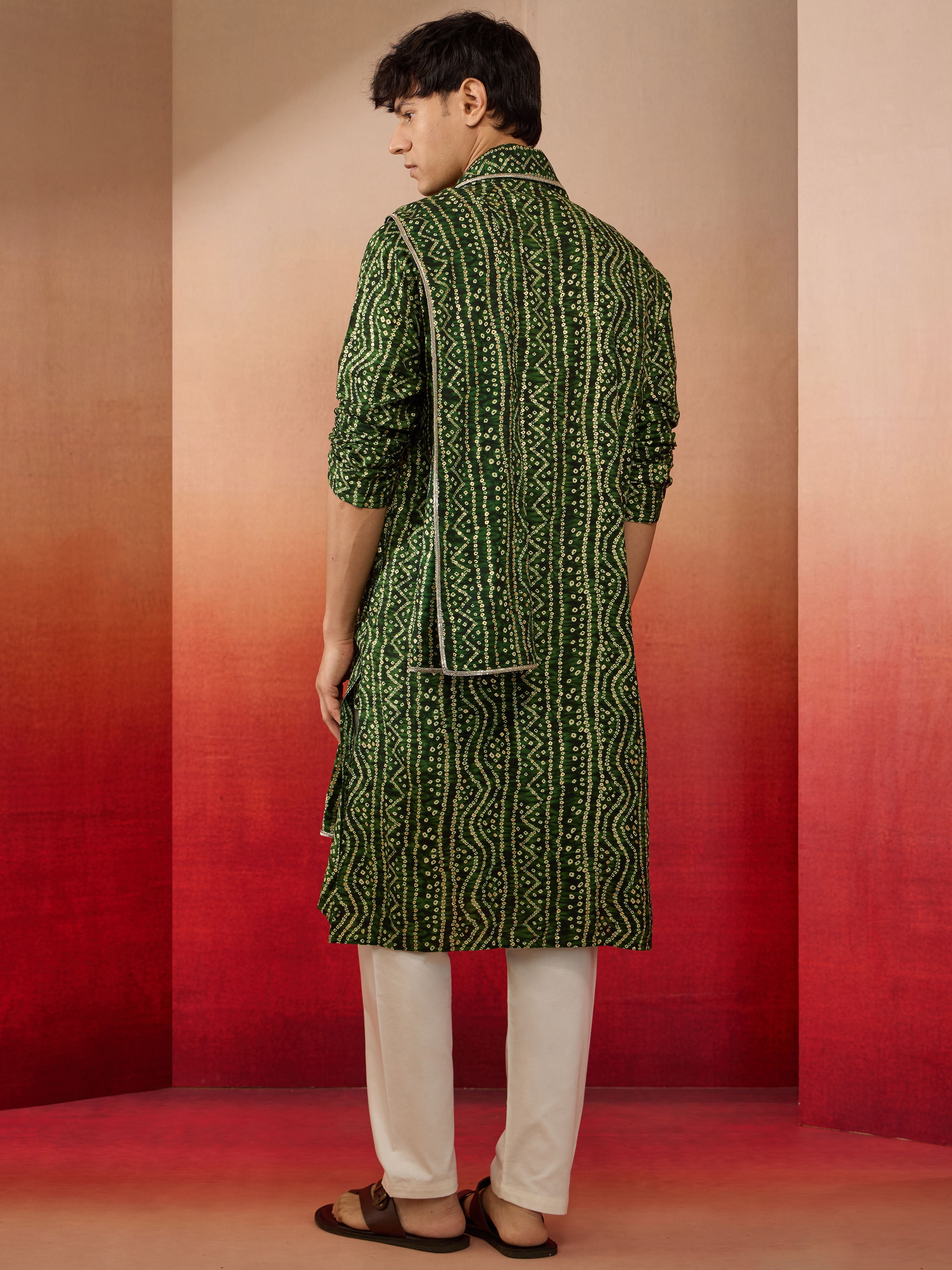 Men's Green Bandhni Foil Print Rayon Kurta with Cream Pyjama