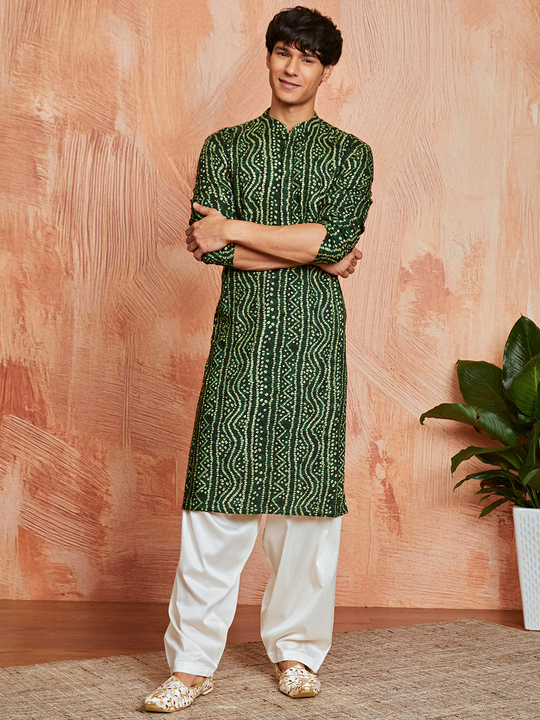 Men's Green Bandhni Rayon Kurta & Patiyala Set