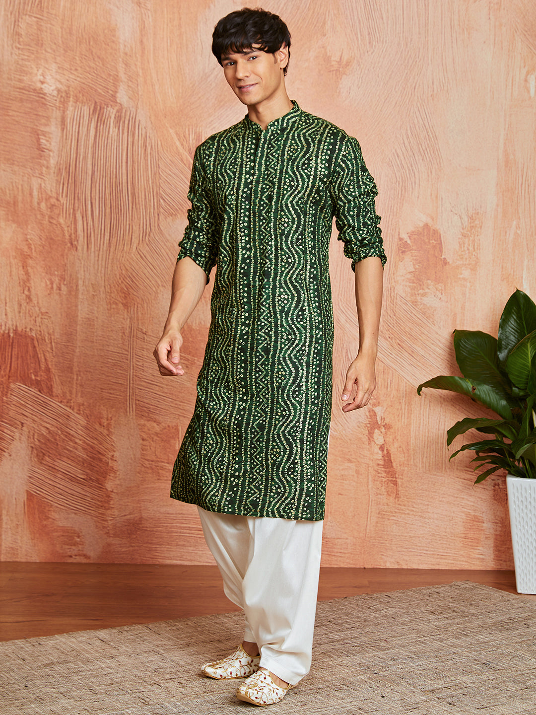 Men's Green Bandhni Rayon Kurta & Patiyala Set