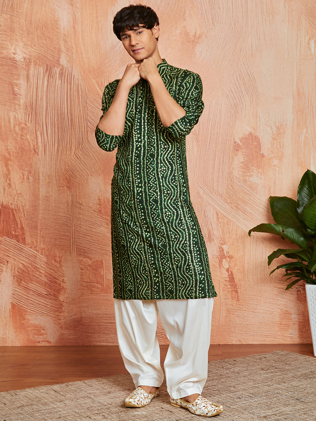 Men's Green Bandhni Rayon Kurta & Patiyala Set