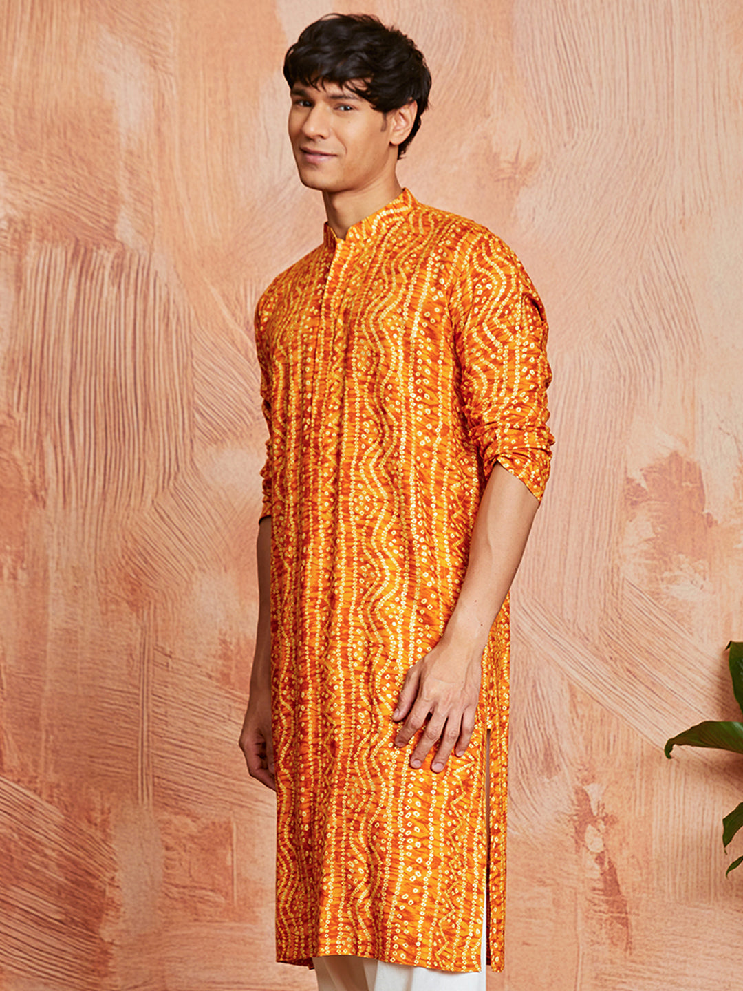 Men's Mustard Bandhni Rayon Kurta