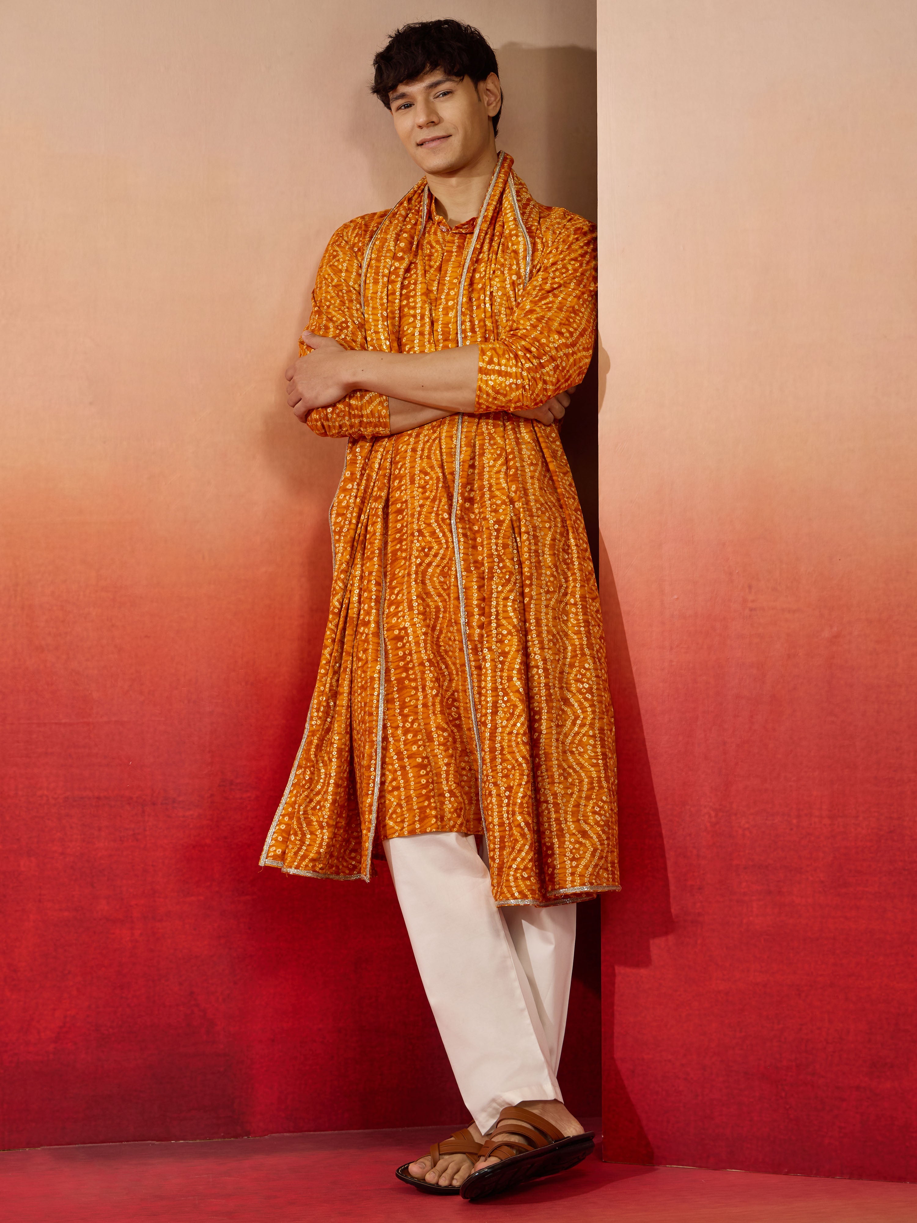 Men's Mustard Bandhni Kurta Set with Cream Pant & Dupatta