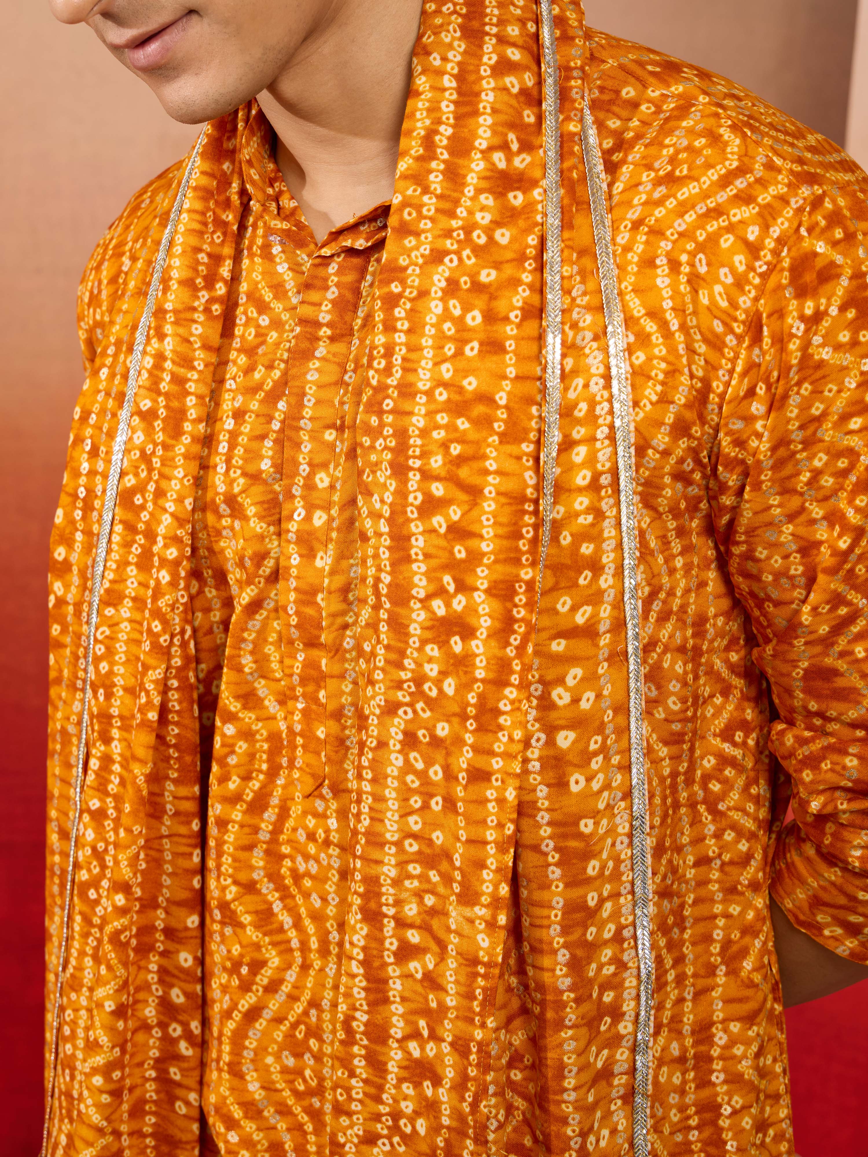 Men's Mustard Bandhni Kurta Set with Cream Pant & Dupatta