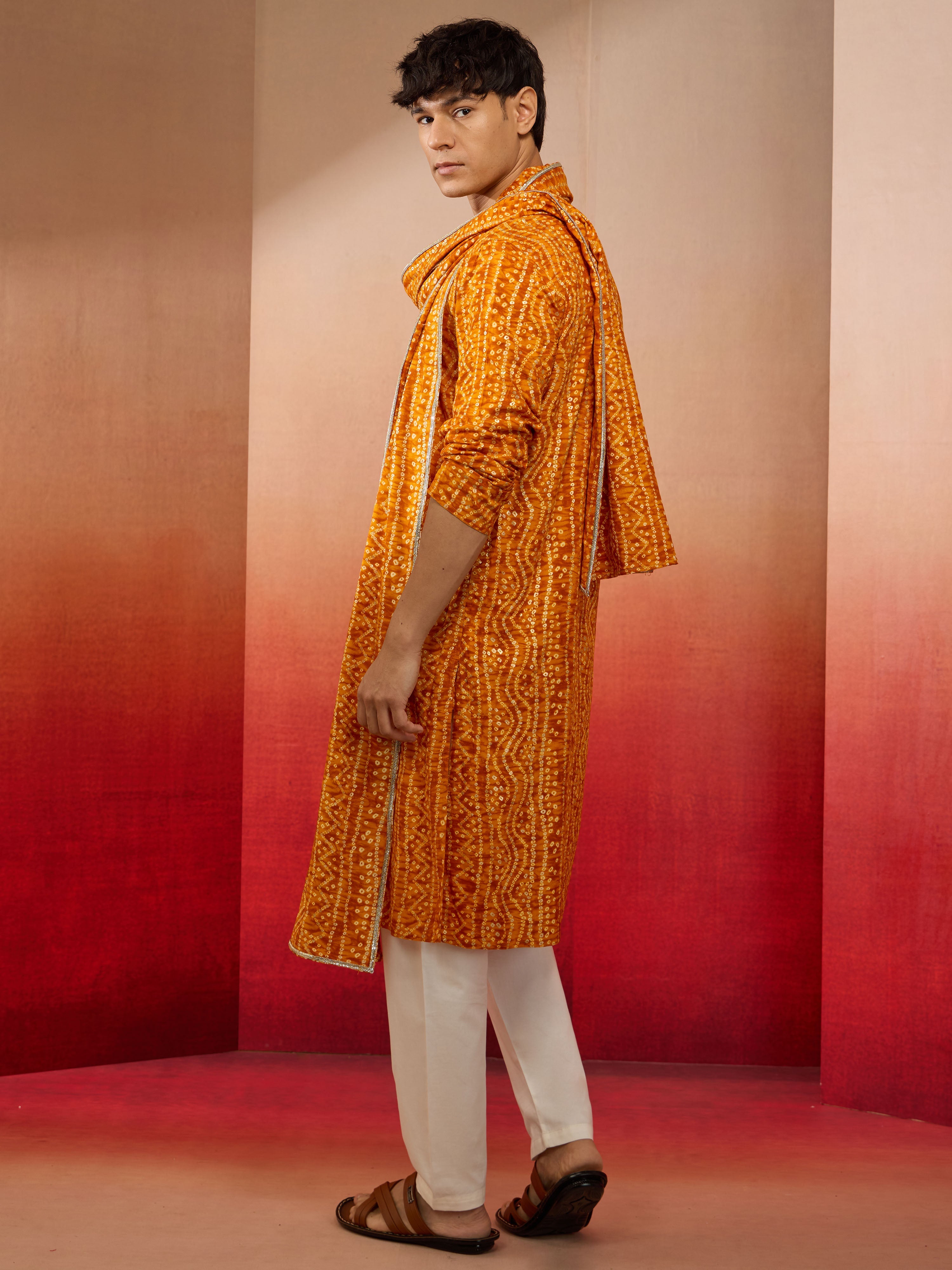 Men's Mustard Bandhni Kurta Set with Cream Pant & Dupatta