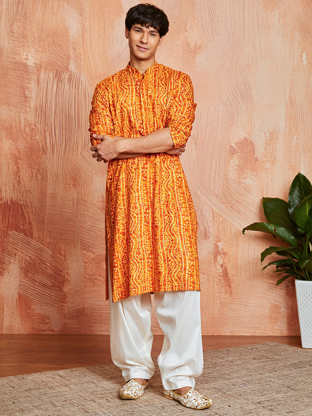 Men's Mustard Bandhni Rayon Kurta & Patiyala Set