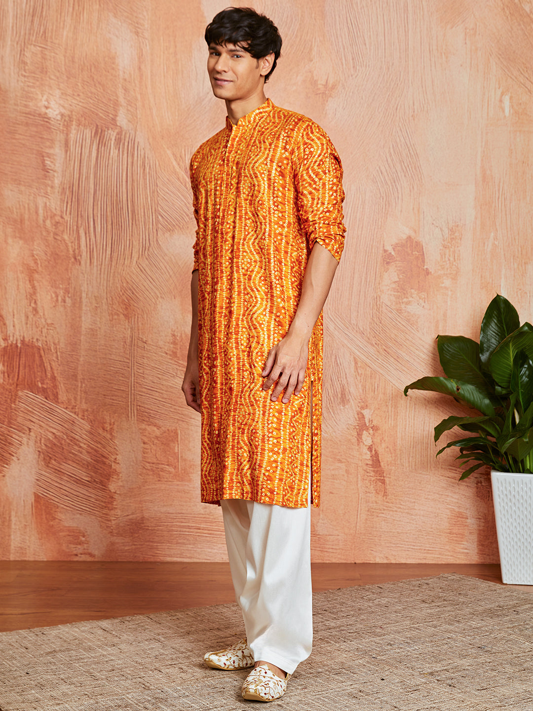 Men's Mustard Bandhni Rayon Kurta & Patiyala Set