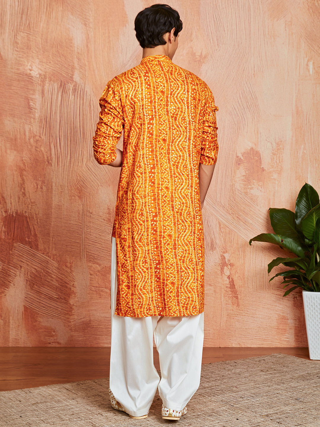 Men's Mustard Bandhni Rayon Kurta & Patiyala Set