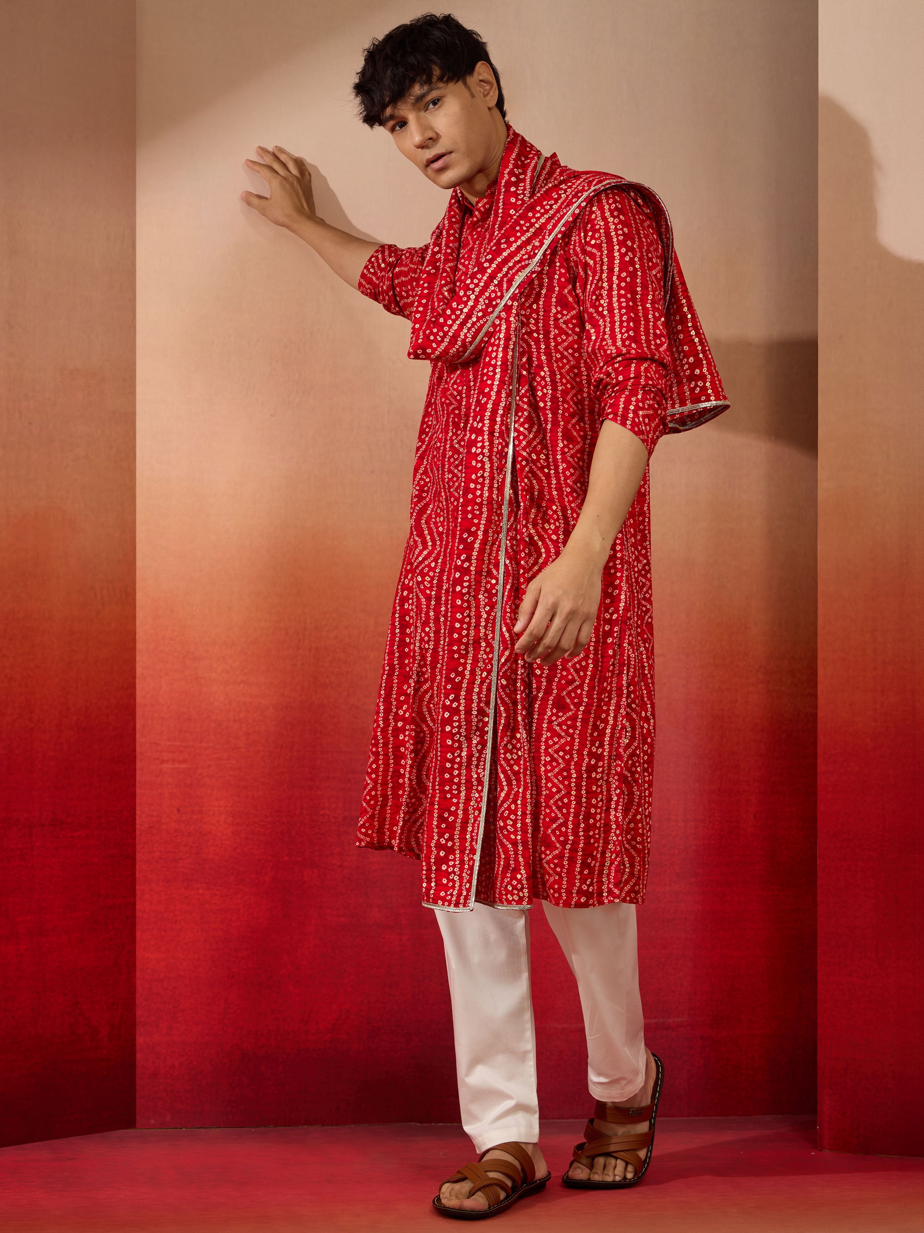 Mens Red Bandhani Kurta Set with Cream Pant and Dupatta