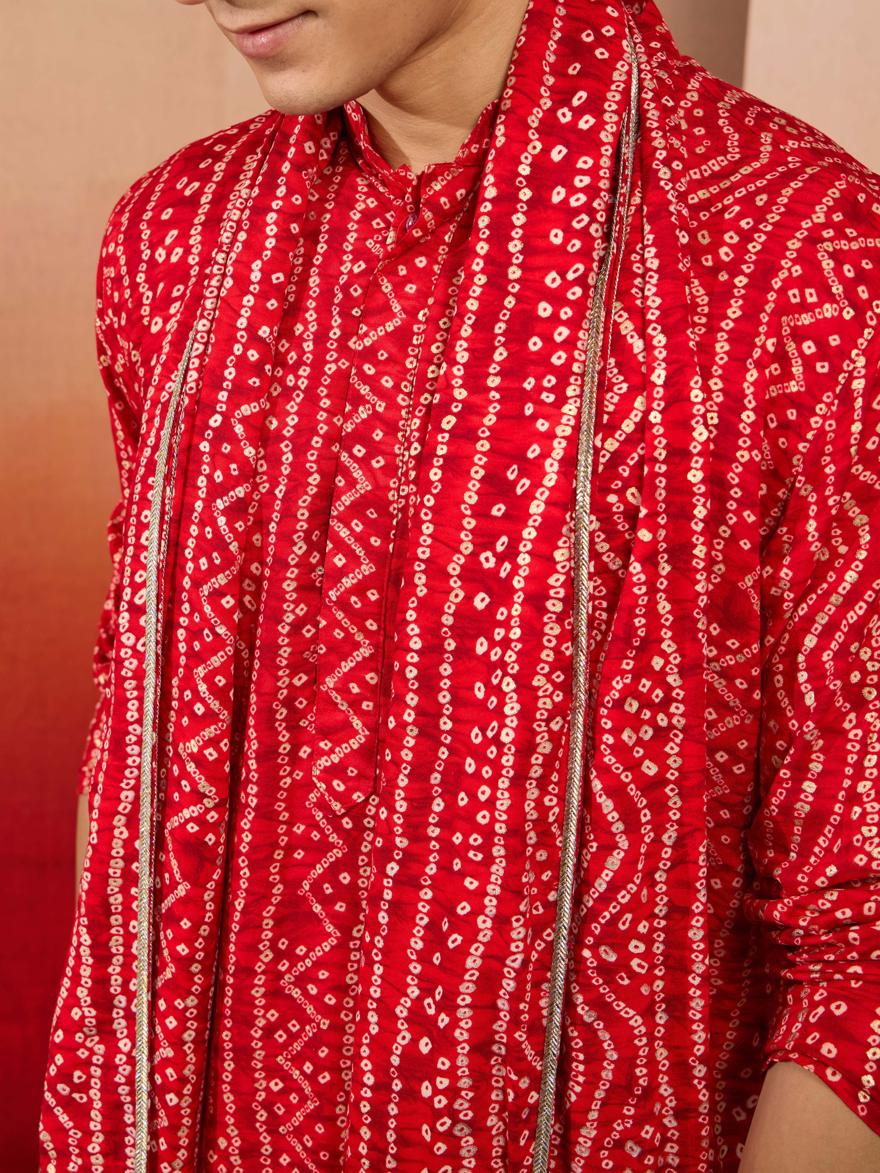 Men's Red Bandhani Kurta Set with Cream Pant and Dupatta