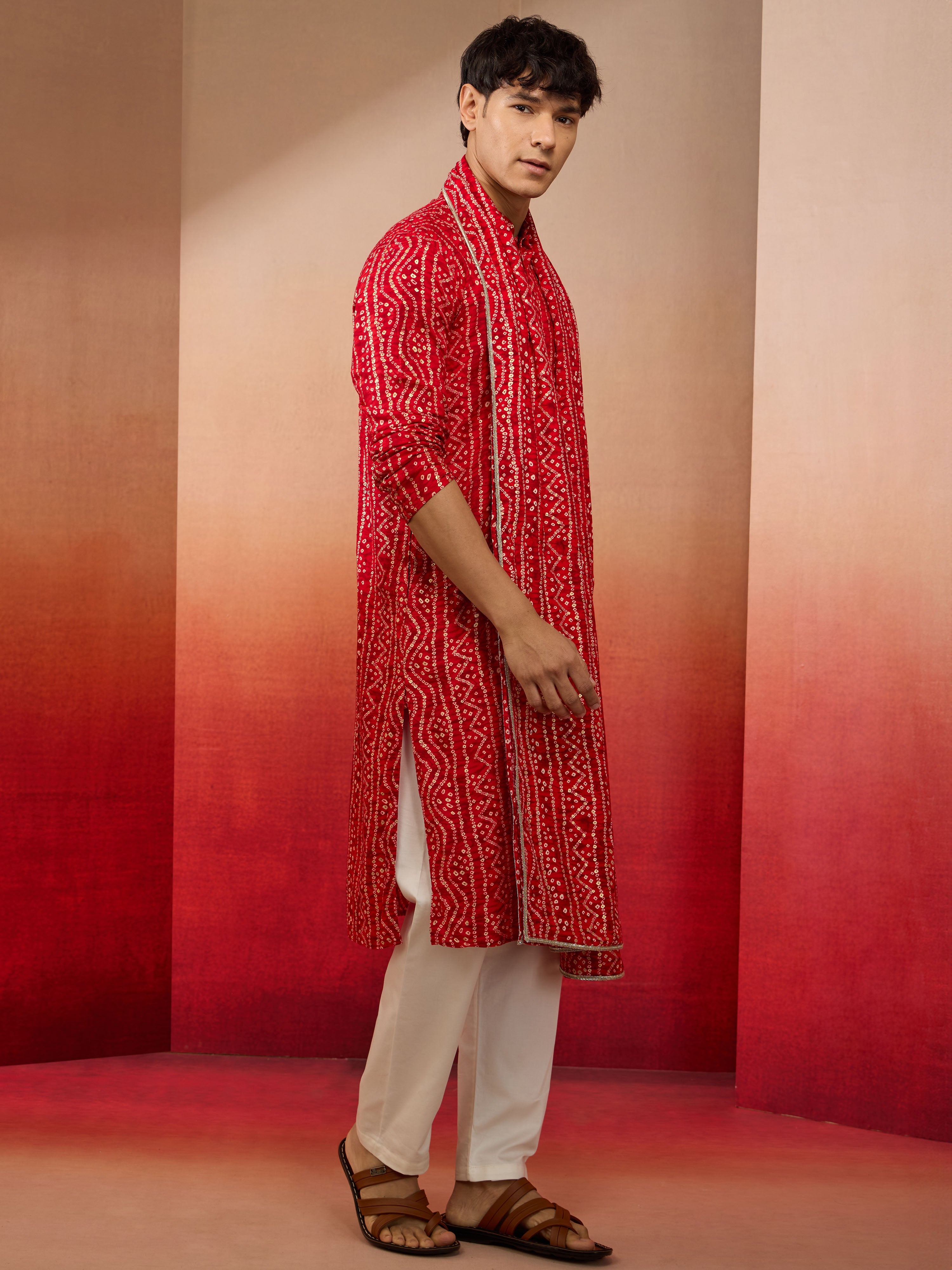 Men's Red Bandhani Kurta Set with Cream Pant and Dupatta