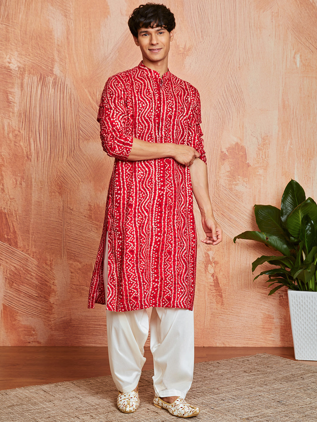 Men's Red Bandhni Rayon Kurta & Patiyala Set