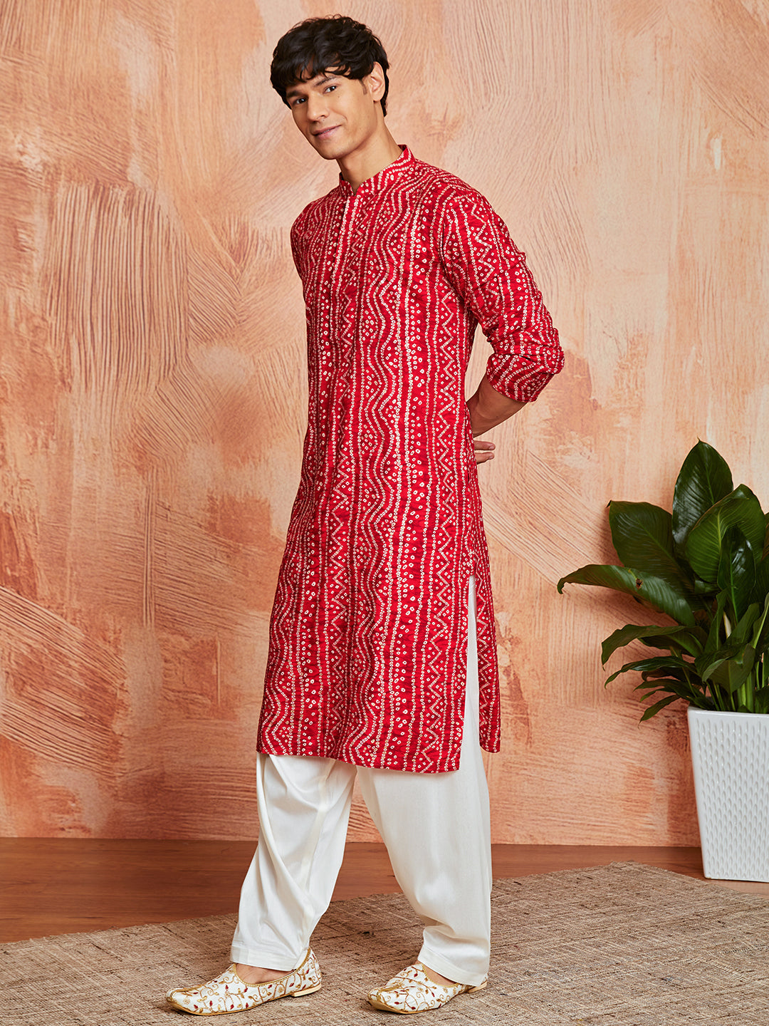 Men's Red Rayon Kurta And Patyala Set