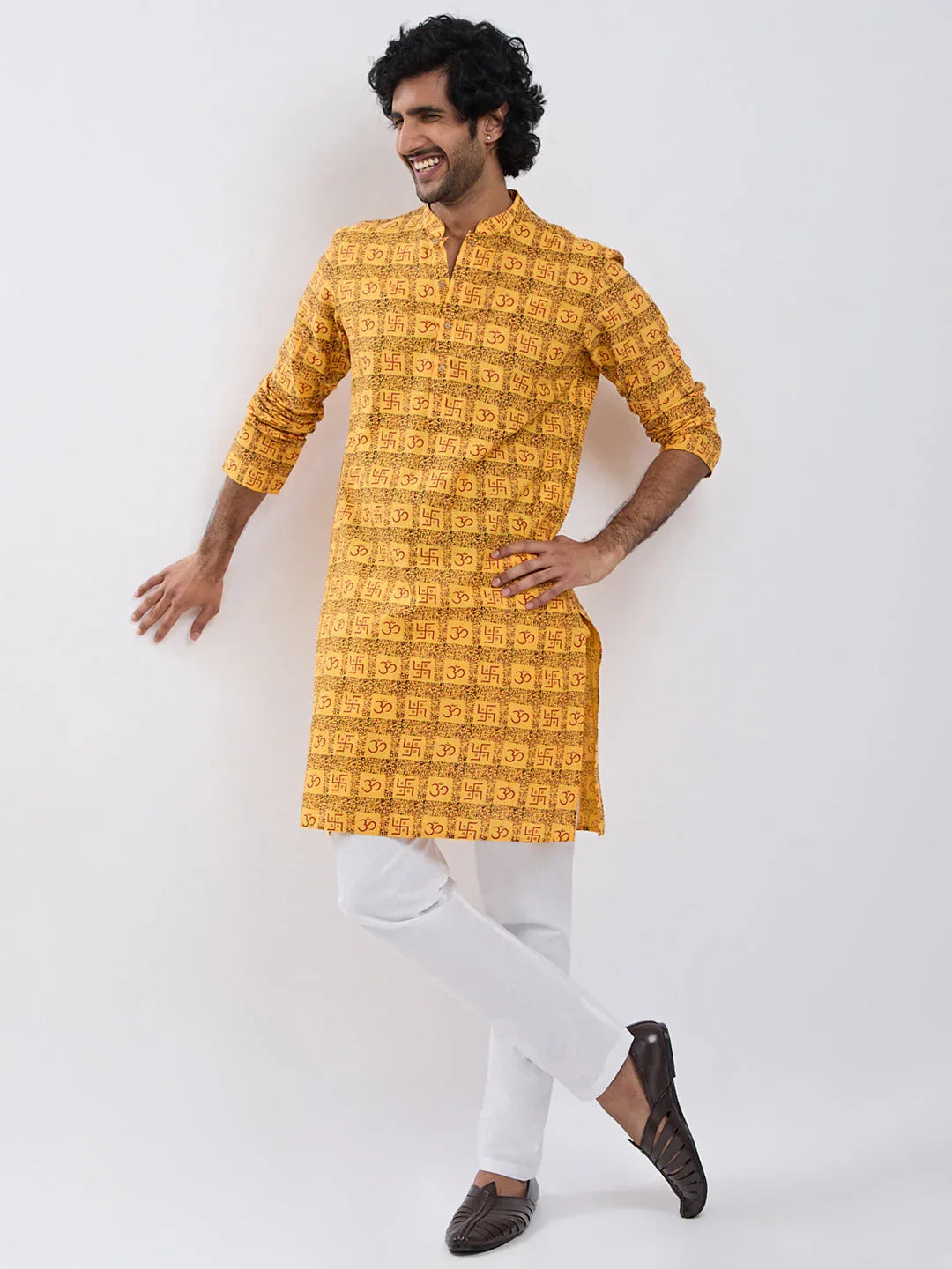 Men's Yellow Cotton Kurta And Pyjama Set
