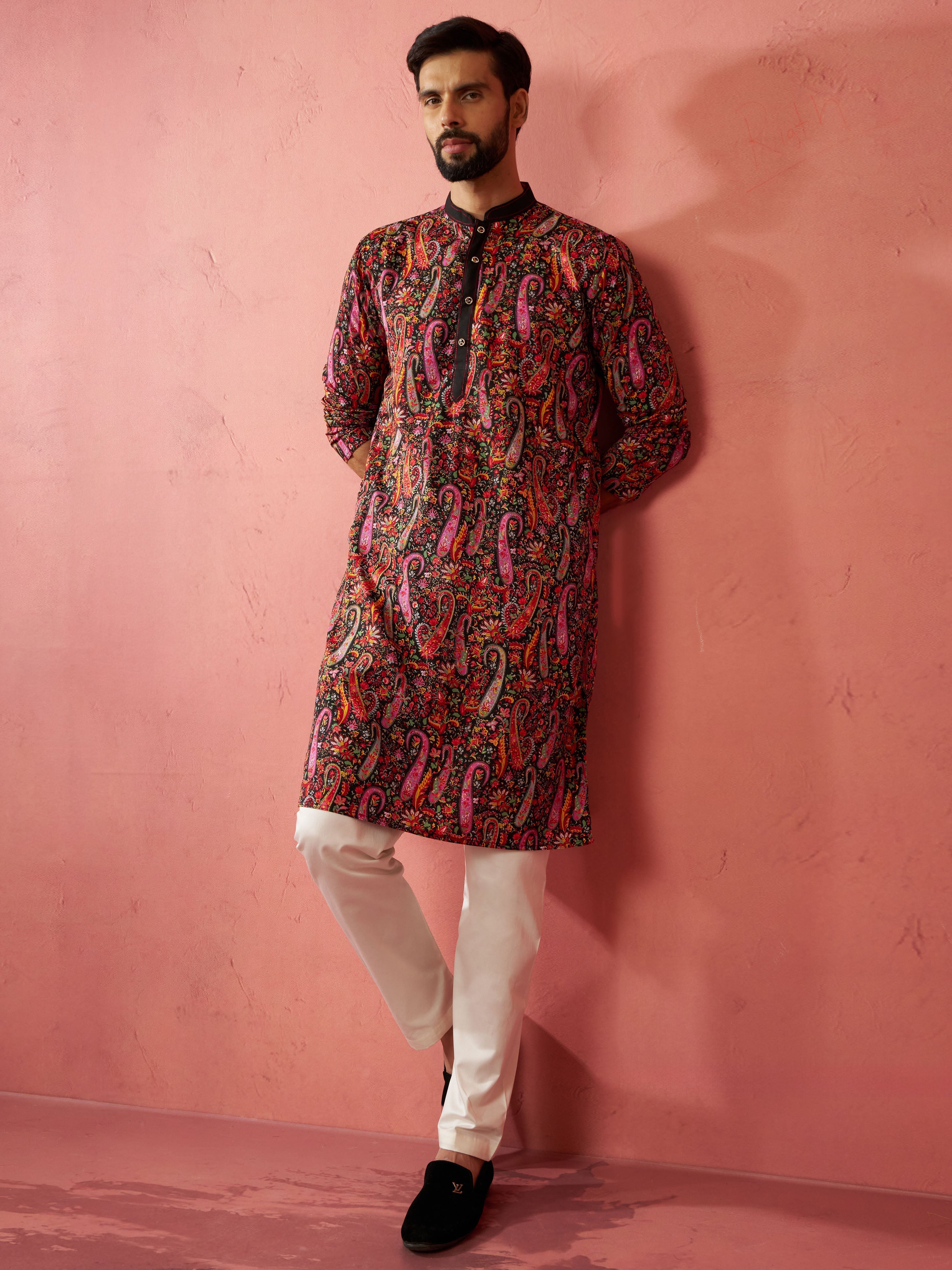 Men's Black Kurta with Cream Pyjama