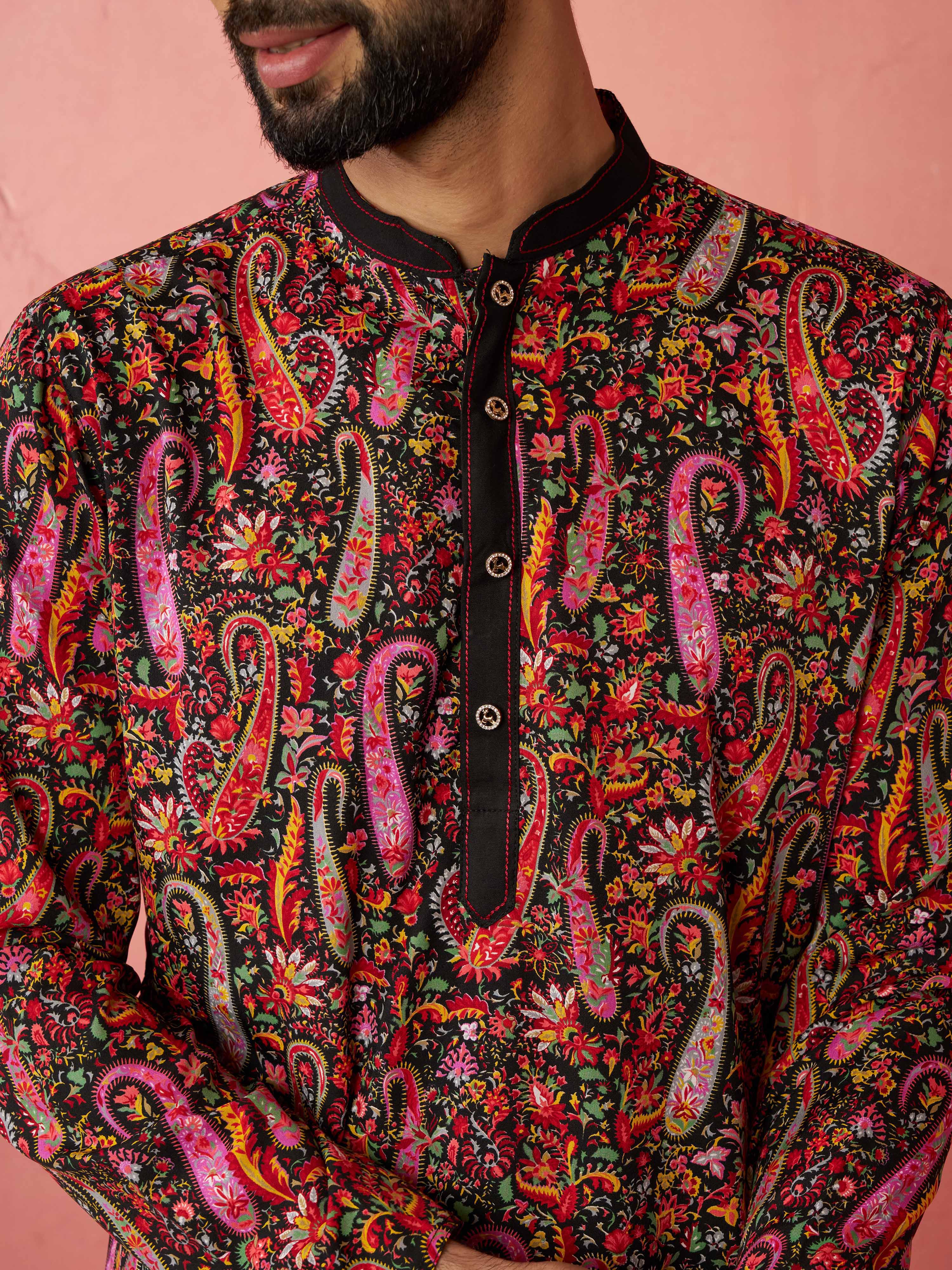 Men's Black Kurta with Cream Pyjama