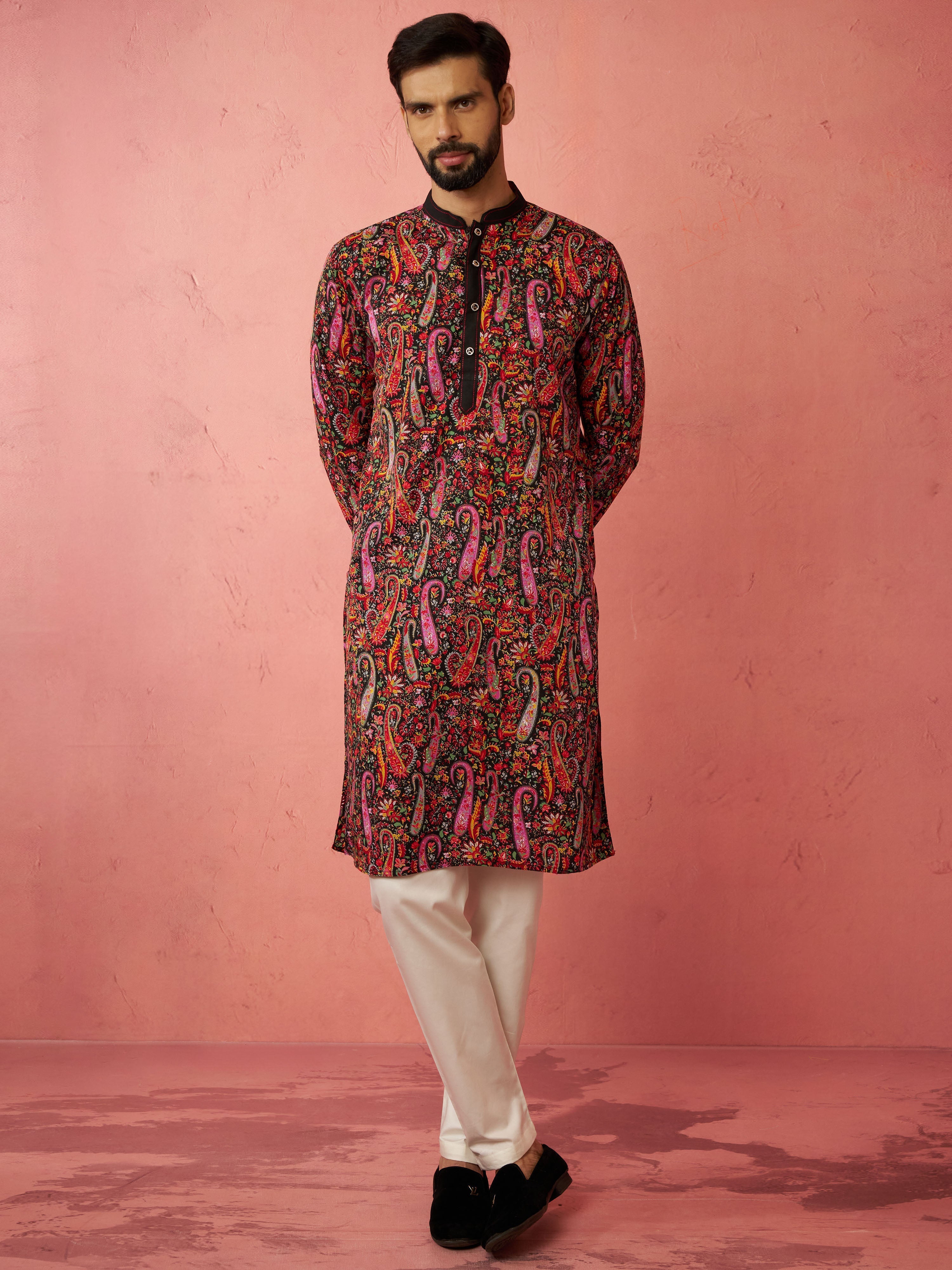 Men's Black Kurta with Cream Pyjama