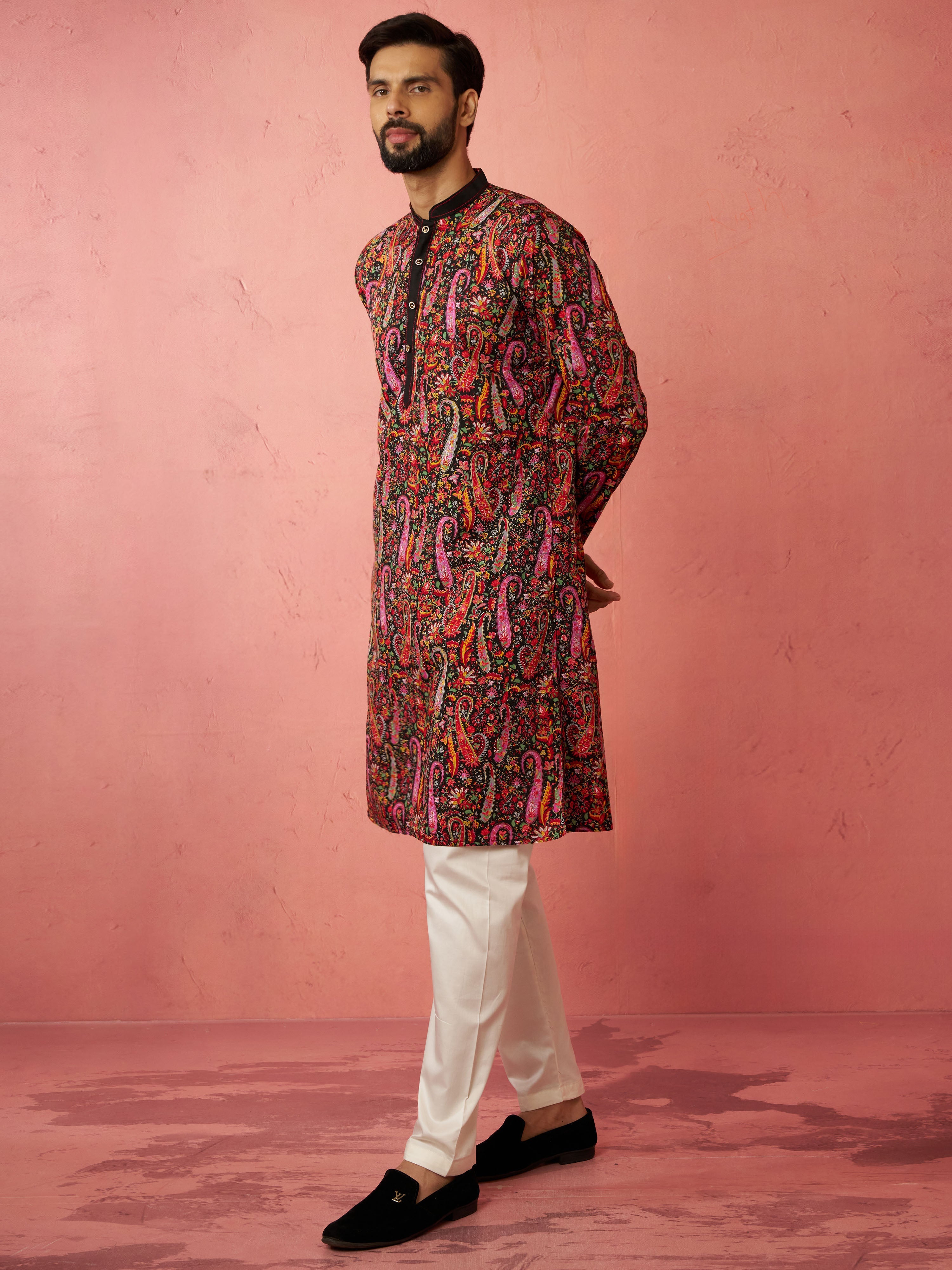 Men's Black Kurta with Cream Pyjama