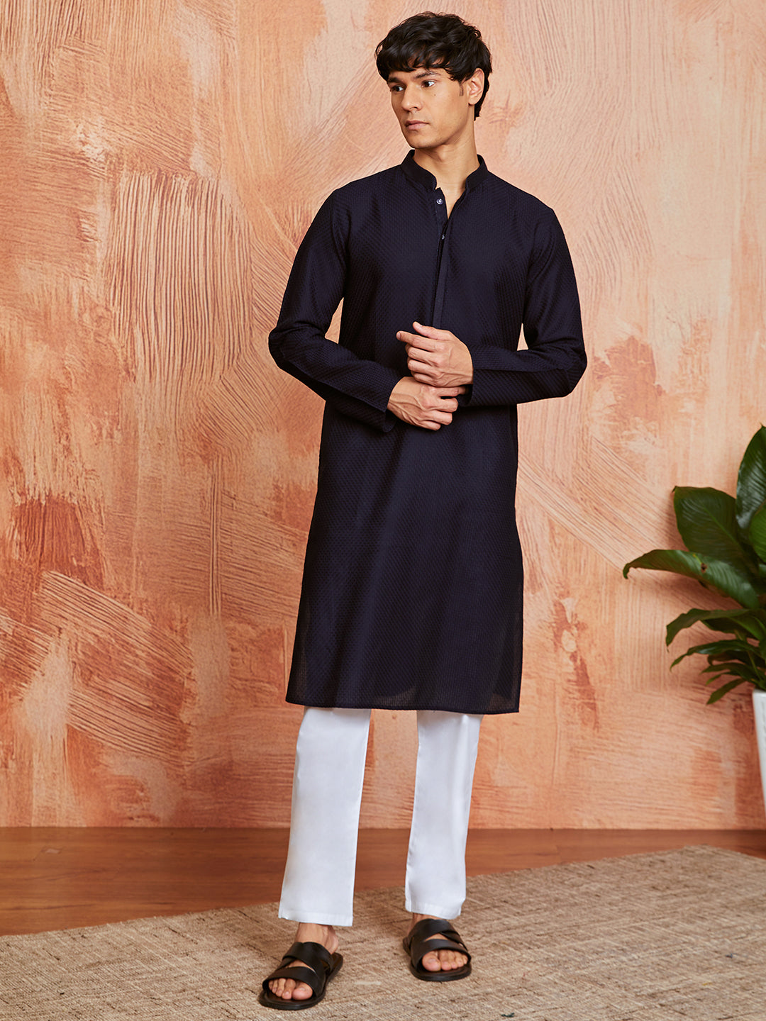 Men's Navy Blue Cotton Kurta And Pyjama Set