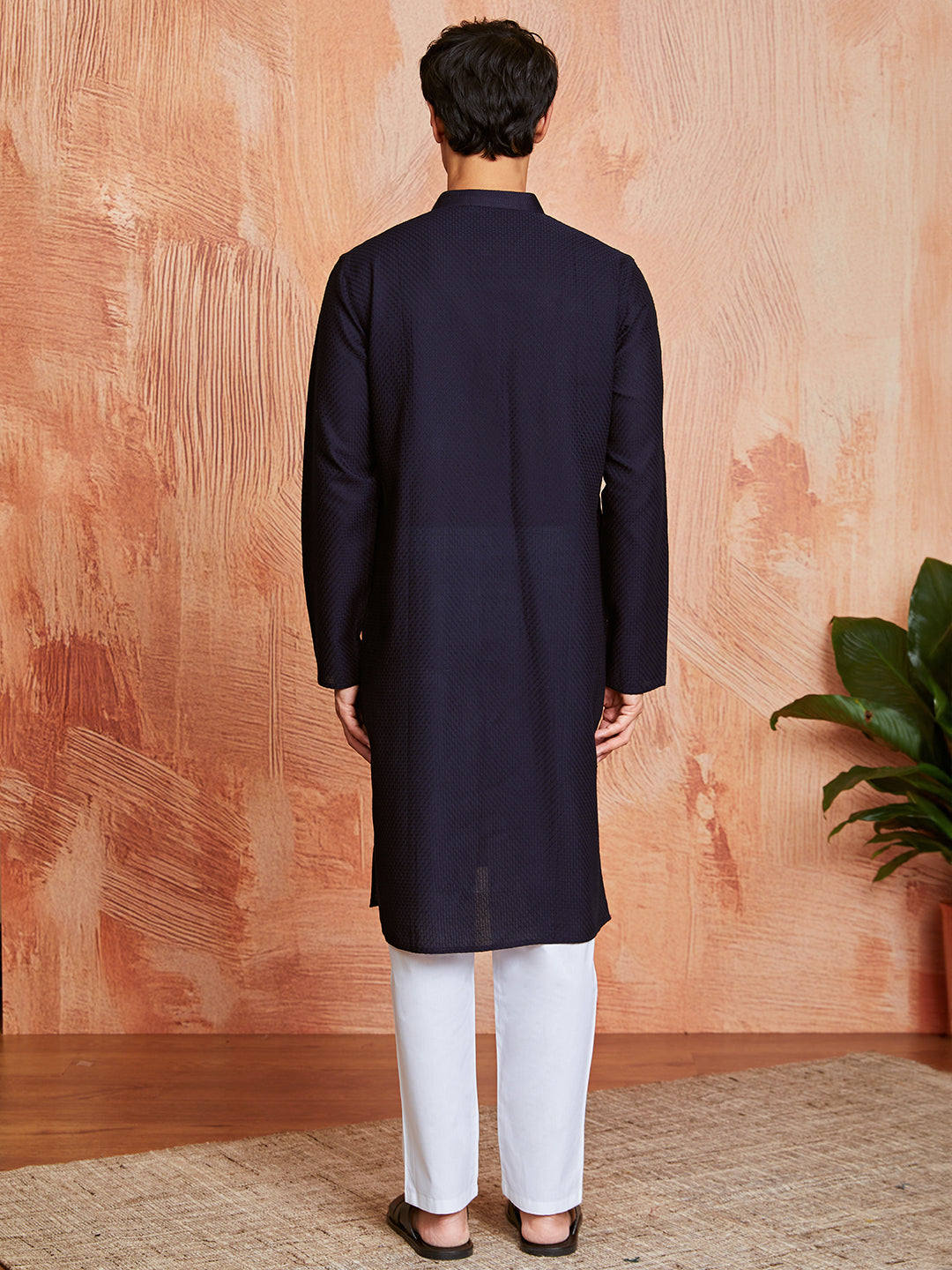 Men's Navy Blue Cotton Kurta And Pyjama Set