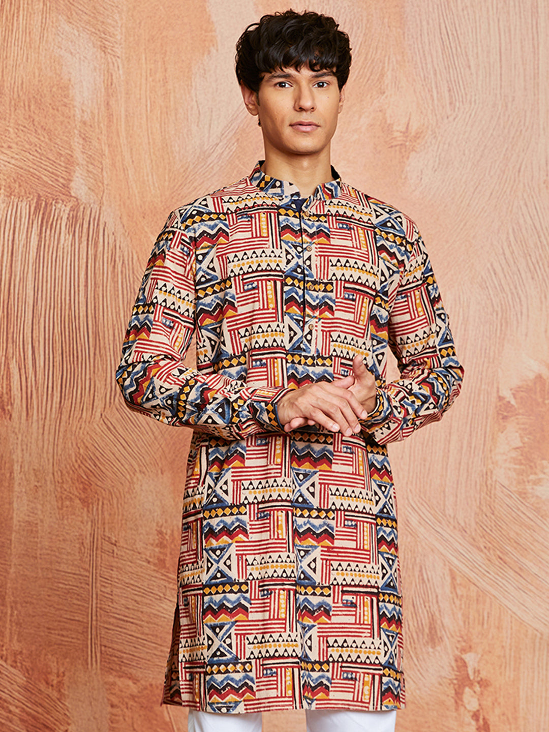 Men's Multicolor Block Print Cotton Kurta