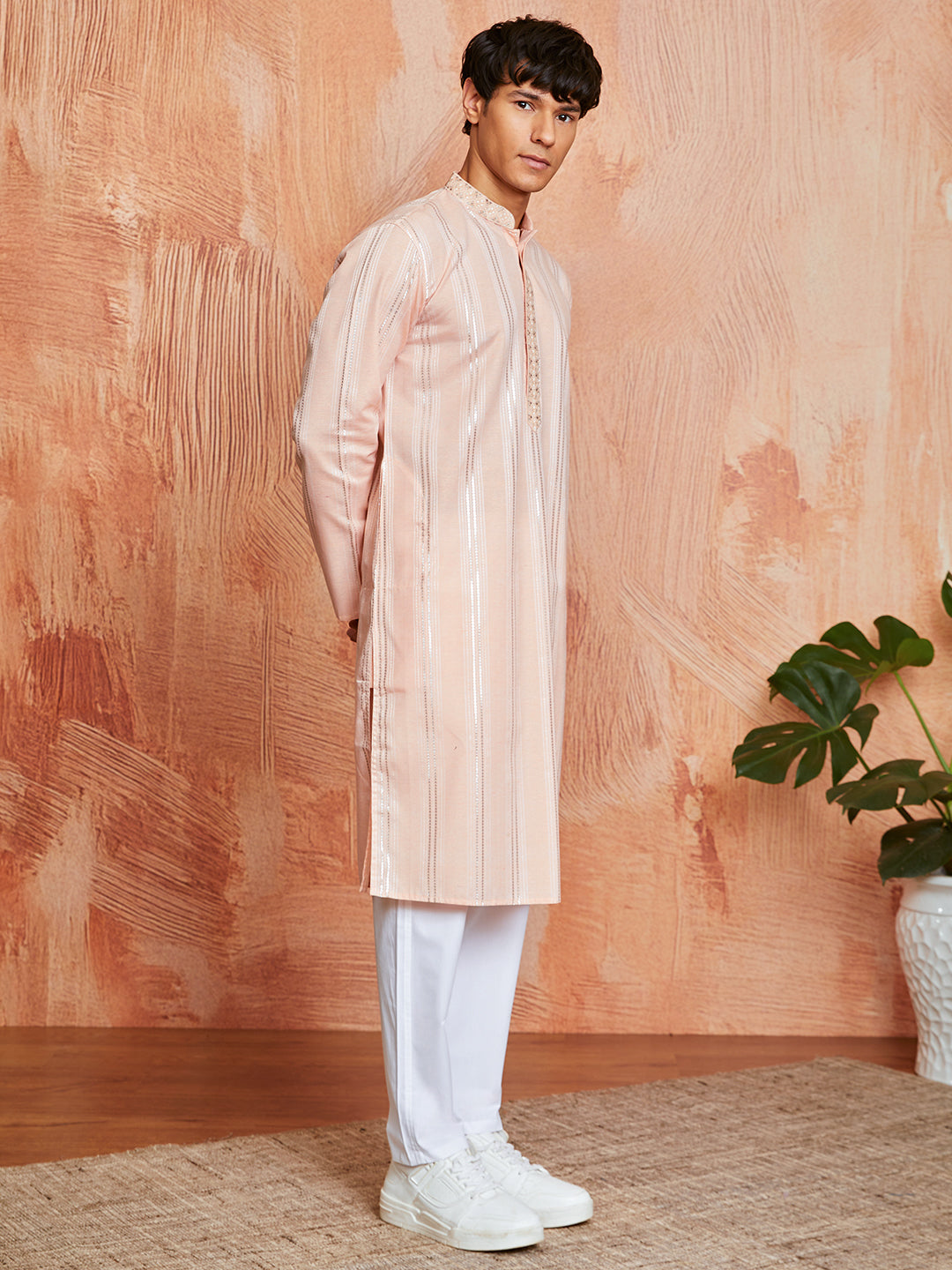 Men's Peach Silk Blend Kurta And Pyjama Set