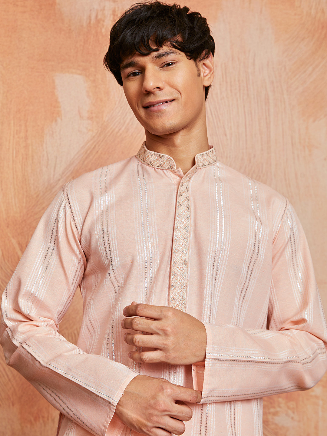 Men's Peach Silk Blend Kurta And Pyjama Set