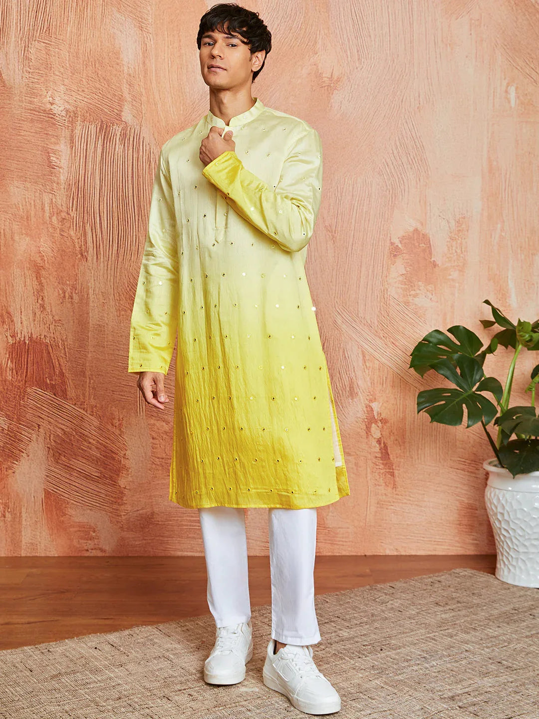 Men's Yellow Cotton Silk Kurta