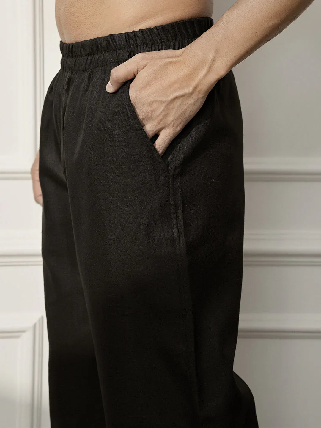 Men Black Cotton Linen Pathani Kurta With Palazzo Set
