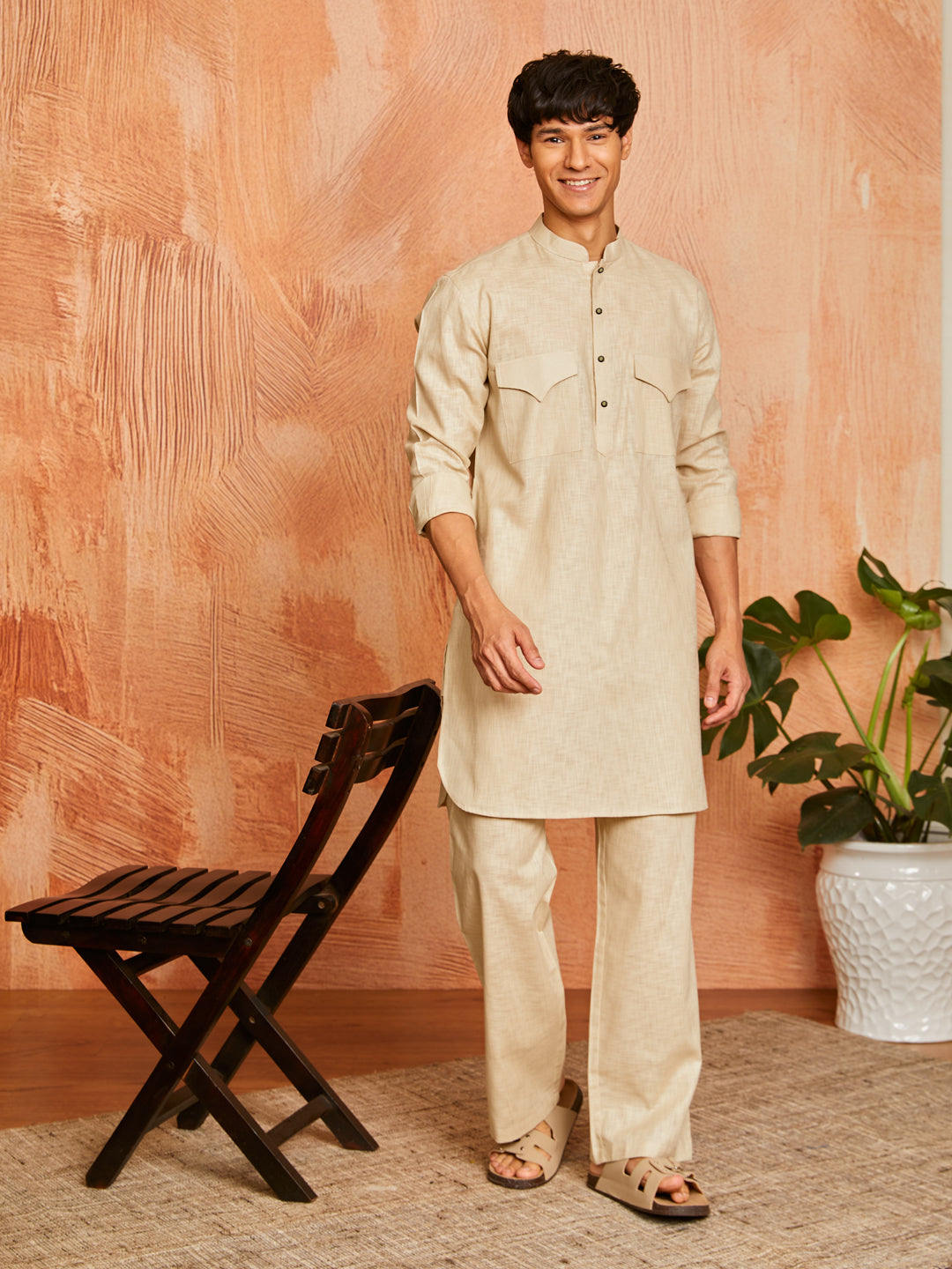 Men's Chiku Cotton Slub Kurta And Pyjama Set