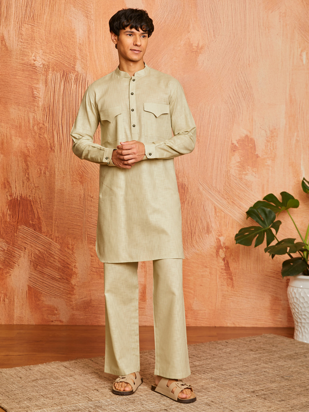 Men's Mint Green Cotton Slub Kurta And Pyjama Set