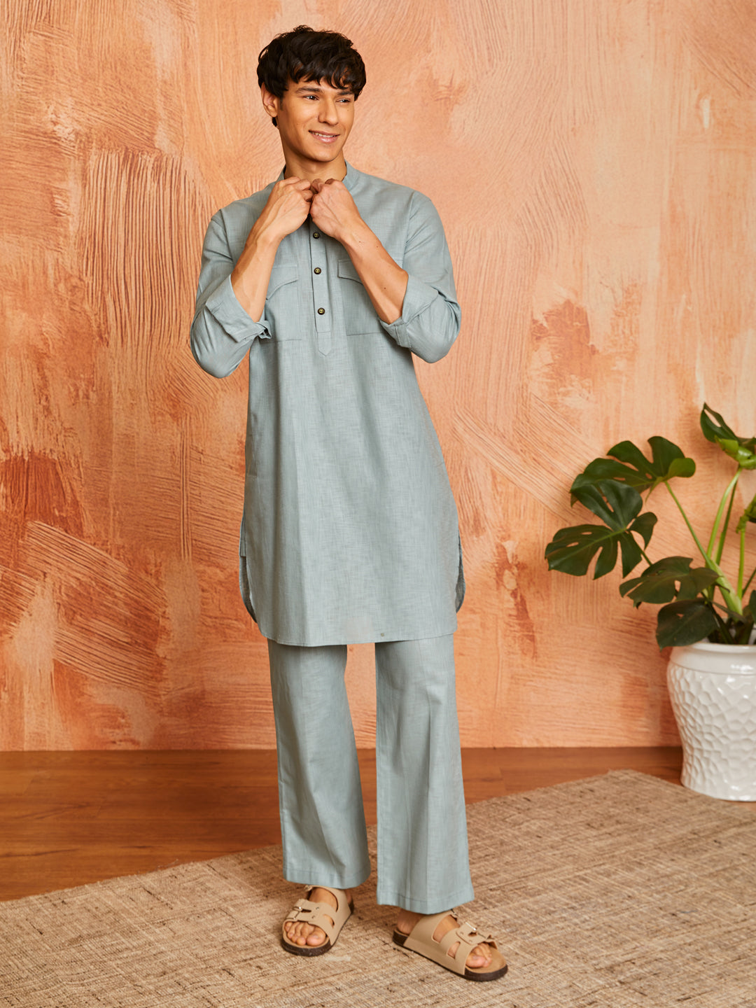 Men's Sea Green Cotton Slub Kurta And Pyjama Set