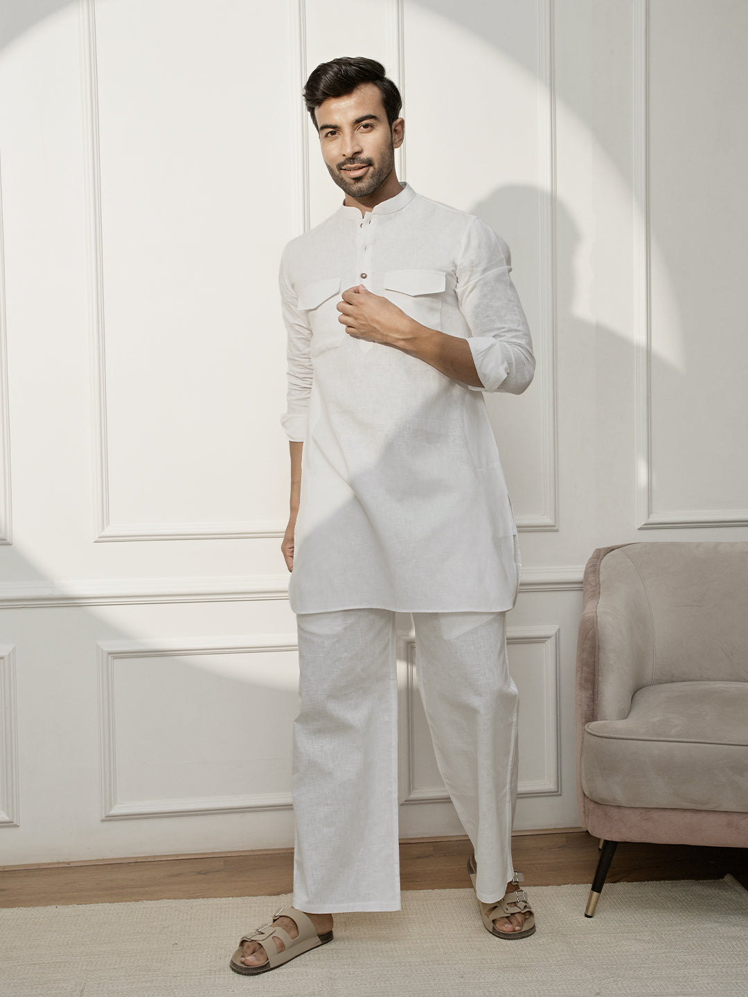 Men White Cotton Linen Pathani Kurta With Palazzo Set