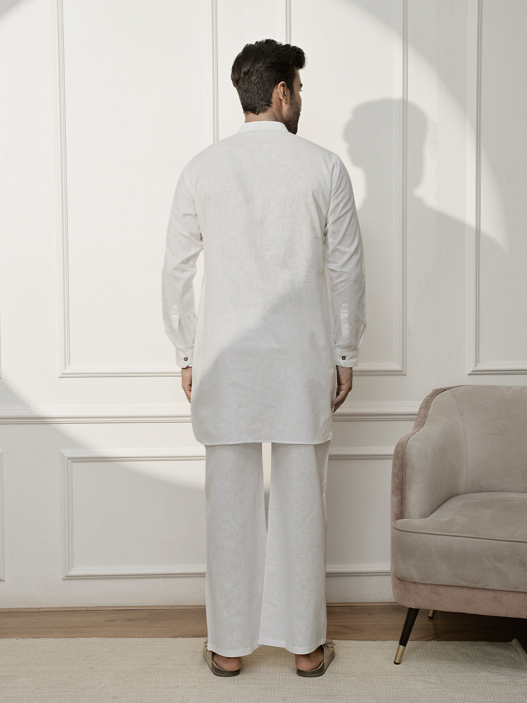 Men White Cotton Linen Pathani Kurta With Palazzo Set