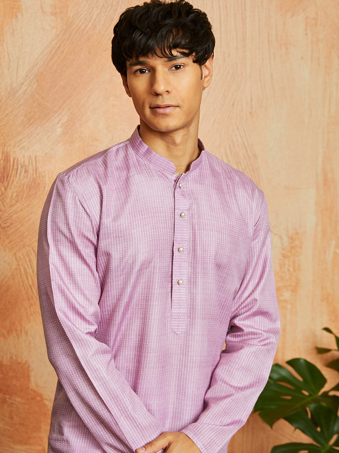 Men's Onion Pink Cotton Blend Kurta And Pyjama Set